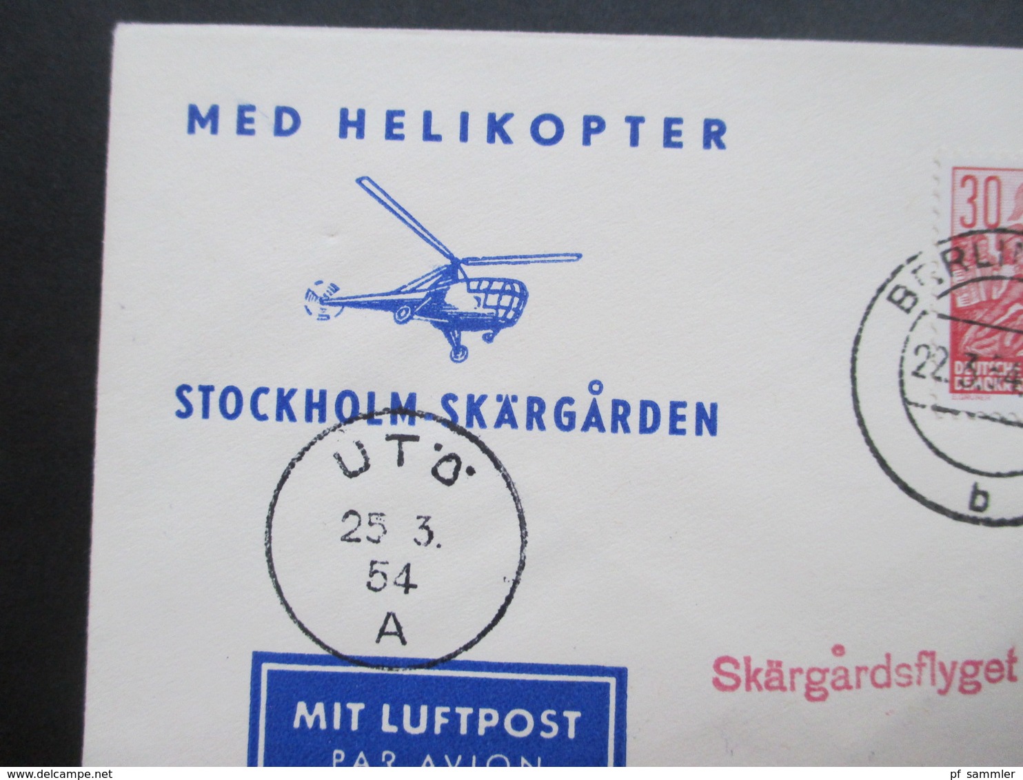 DDR 1954 Med Helikopter Stockholm Skärgarden. Skärgardsflyget. Retur Avsandaren. Zuleitung Aus Berlin. Helikopterpost - Hélicoptères