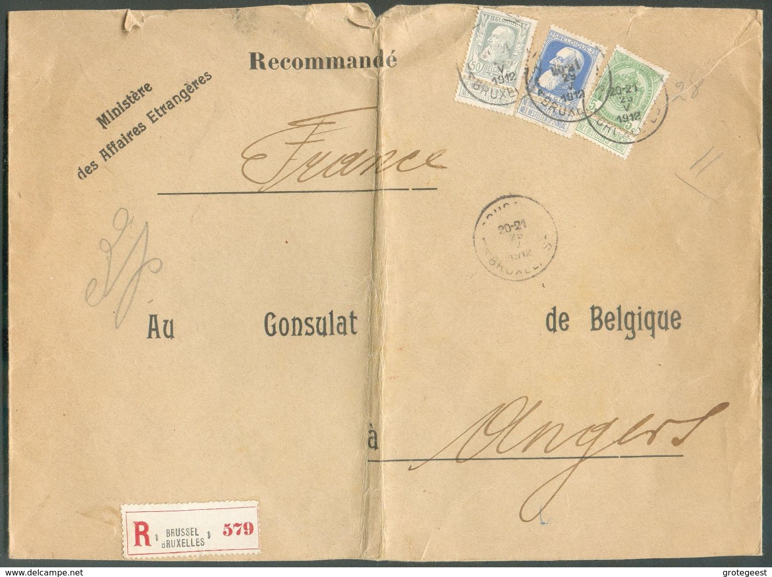 Affr. GROSSES BARBES à 80c. Obl. Sc BRUXELLES 1 Sur Enveloppe En Triple Port Recommandée Du 28-V-1912 Vers Consulat De B - 1905 Thick Beard