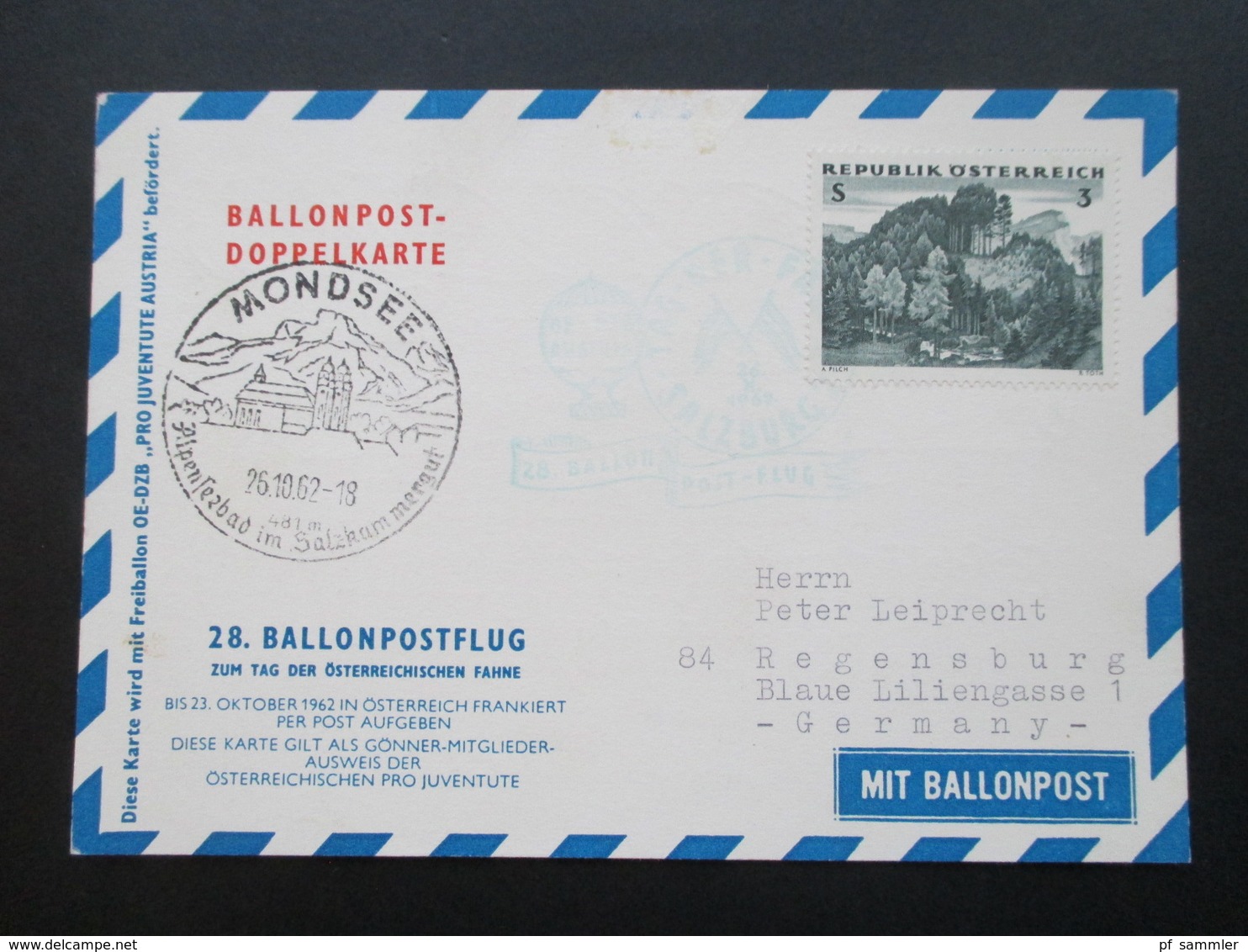 Österreich 1962 Ballonpost Doppelkarte. SST Mondsee. 28. Ballonpostflug. Tag Der Fahne Salzburg. Sei Mir Gegrüßt Mein Ös - Fesselballons