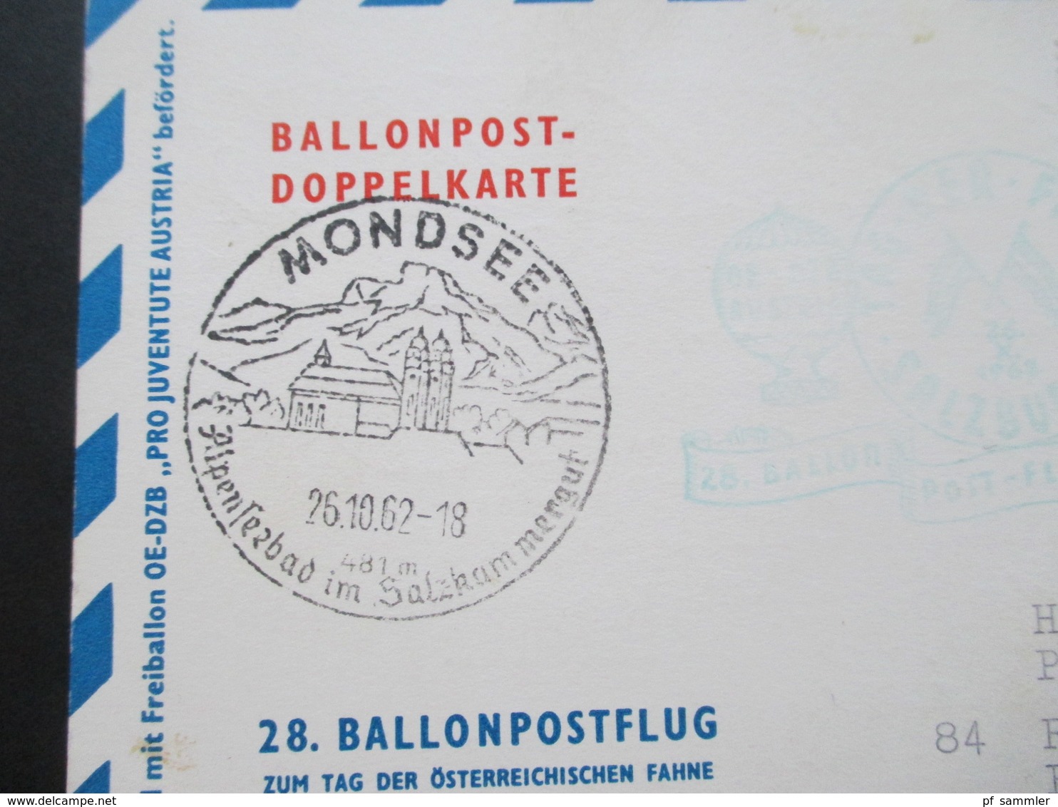 Österreich 1962 Ballonpost Doppelkarte. SST Mondsee. 28. Ballonpostflug. Tag Der Fahne Salzburg. Sei Mir Gegrüßt Mein Ös - Montgolfier