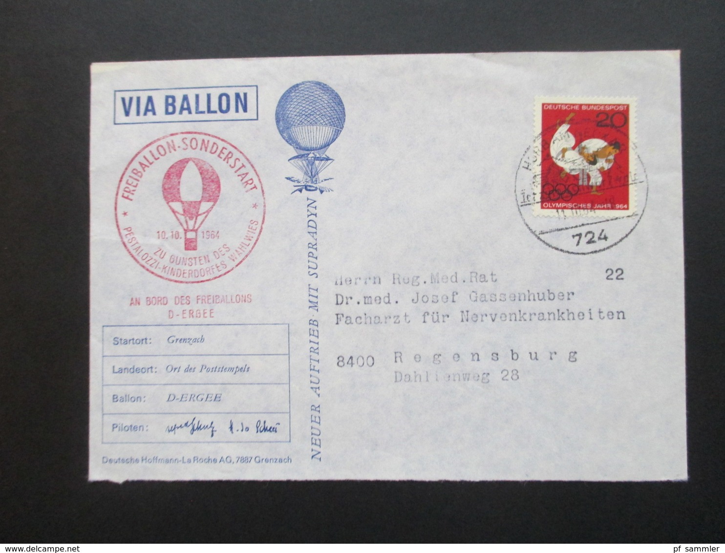 Österreich 1964 Ballonpost Via Ballon. Freiballon Sonderstart Pestalozzi Kinderdorf Wahlwies. D-Ergee. Sonderstempel - Airships