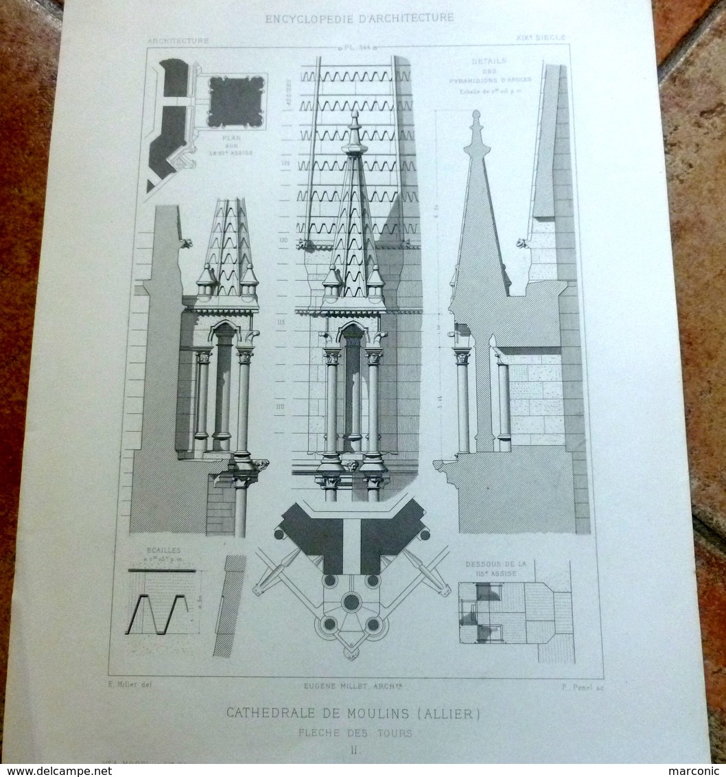 PLANS - CATHEDRALE De MOULINS, Allier - LOT De 3 Plans, Encyclopédie D'Architecture XIXe Siècle, Archit. MILLET - Architecture