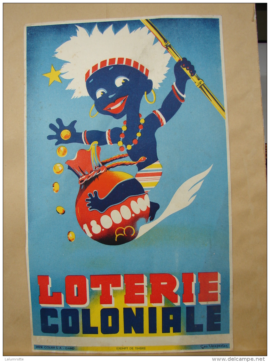 Affi. 2. Affichette De La Loterie Coloniale. Dessin De Géo Verspeeten. 33 Cm X 20 Cm. Impeccable. - Posters