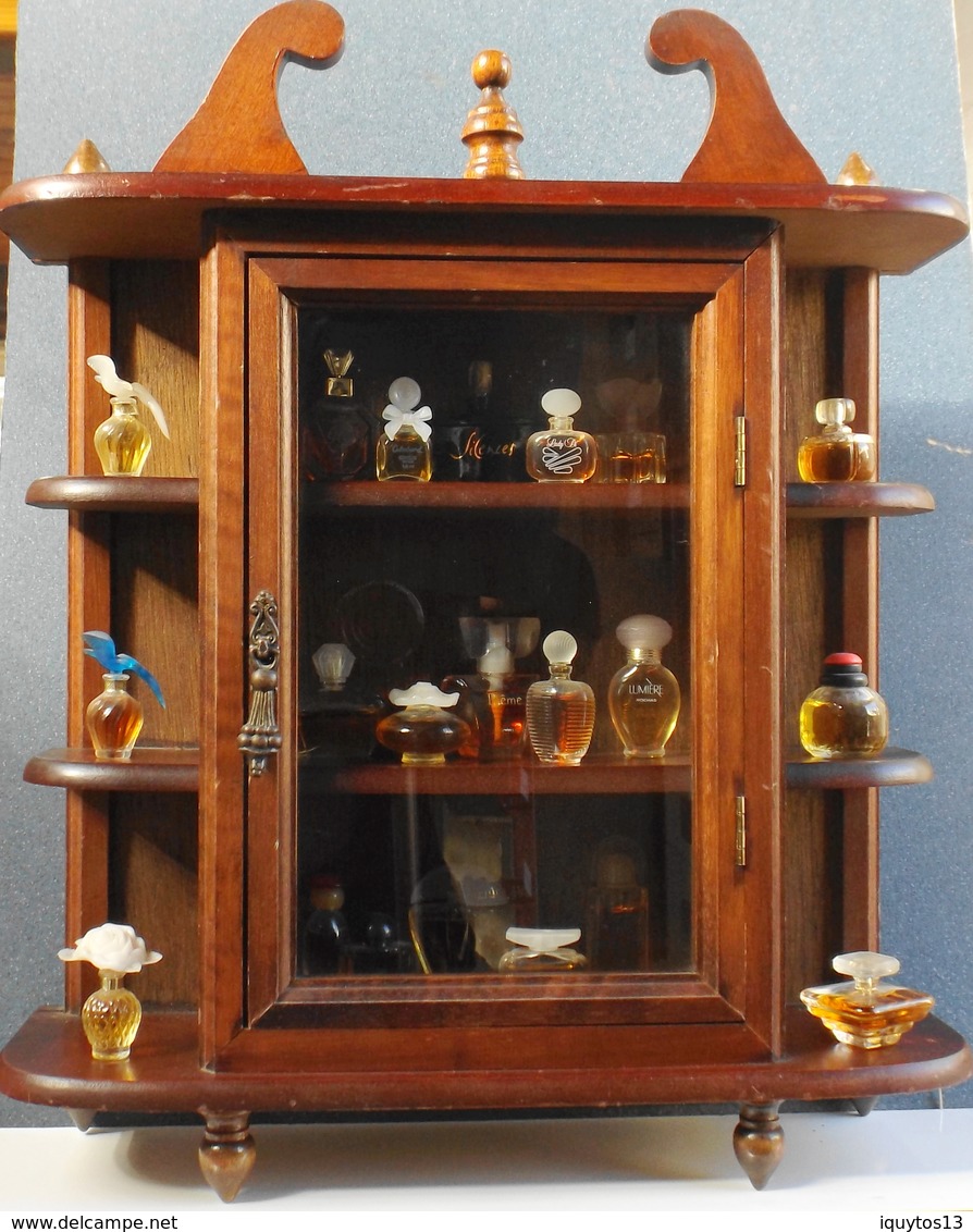 JOLIE PETITE VITRINE En BOIS Dim. 36 X 11,5 X 46cm De Haut. Contenant 21 Miniatures De Parfum Différentes - TBE - Miniatures Femmes (sans Boite)