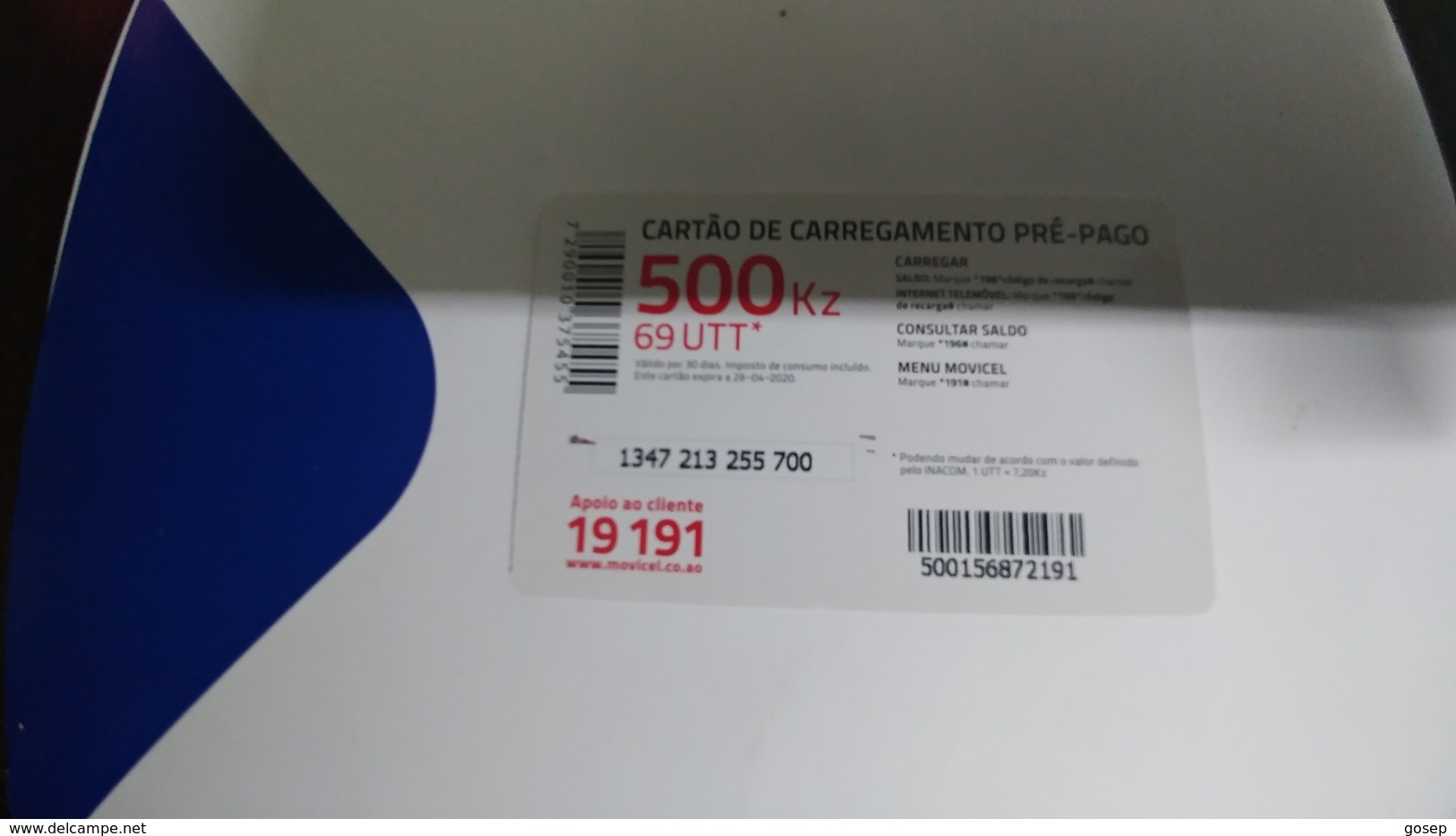 Angola-moviel-(56)-28.4.2020-(500kz-69utt)-used+1card Prepiad Free - Angola