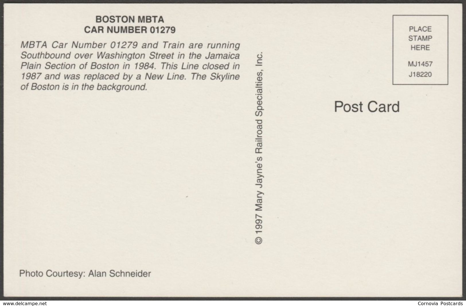 Boston MBTA Car No 01279 Over Washington Street - Mary Jayne's Postcard - Trains