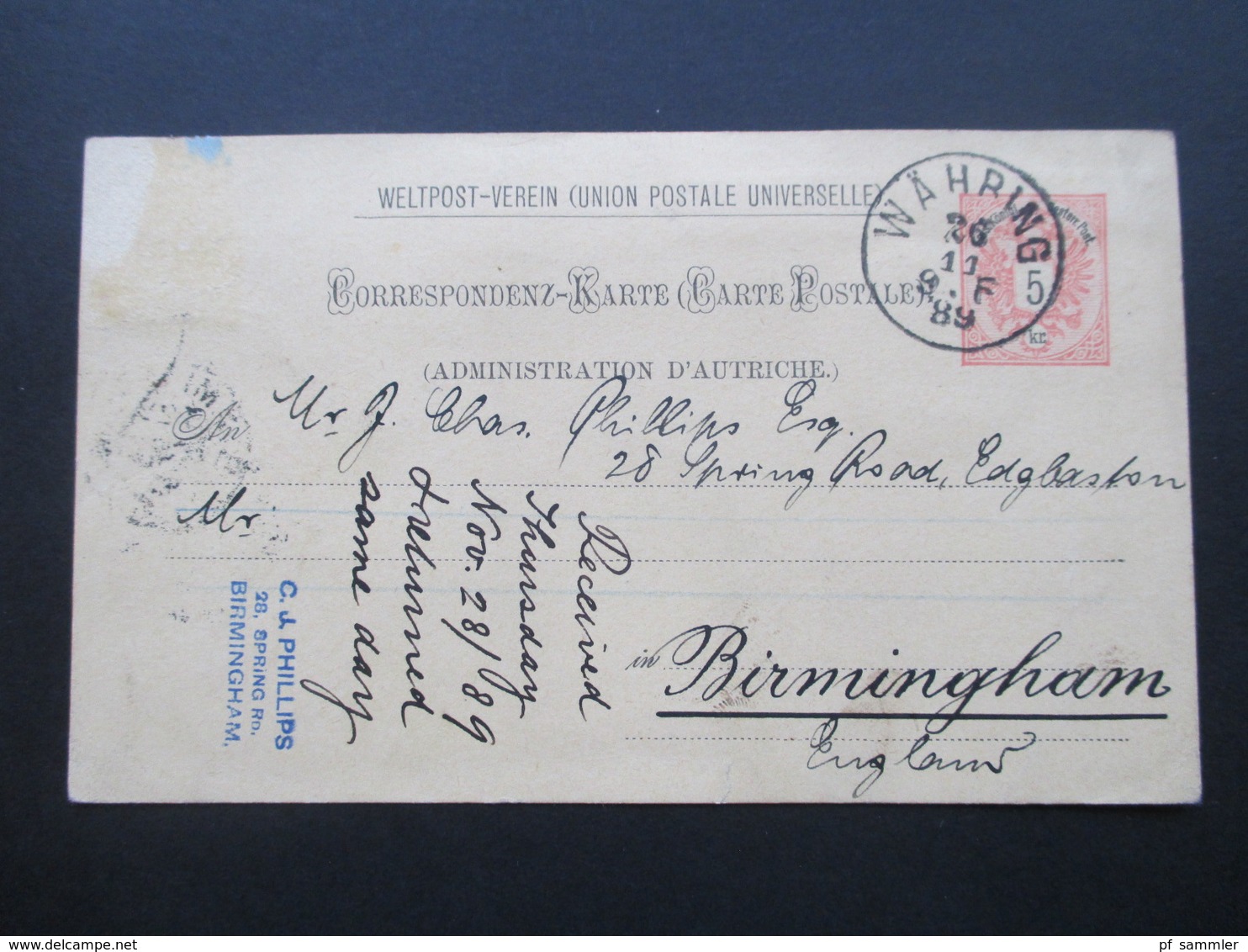 Österreich 1889 GA P 51 Weltvereinspostkarte Nach Birmingham. Returned Same Day! C.J. Philips Birmingham. - Briefe U. Dokumente