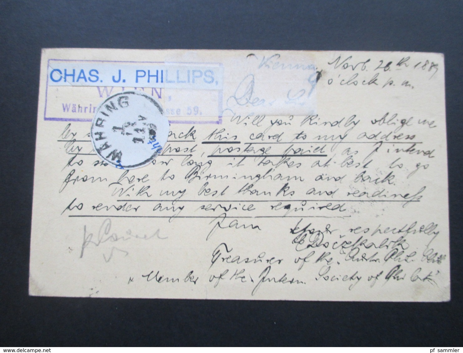 Österreich 1889 GA P 51 Weltvereinspostkarte Nach Birmingham. Returned Same Day! C.J. Philips Birmingham. - Briefe U. Dokumente