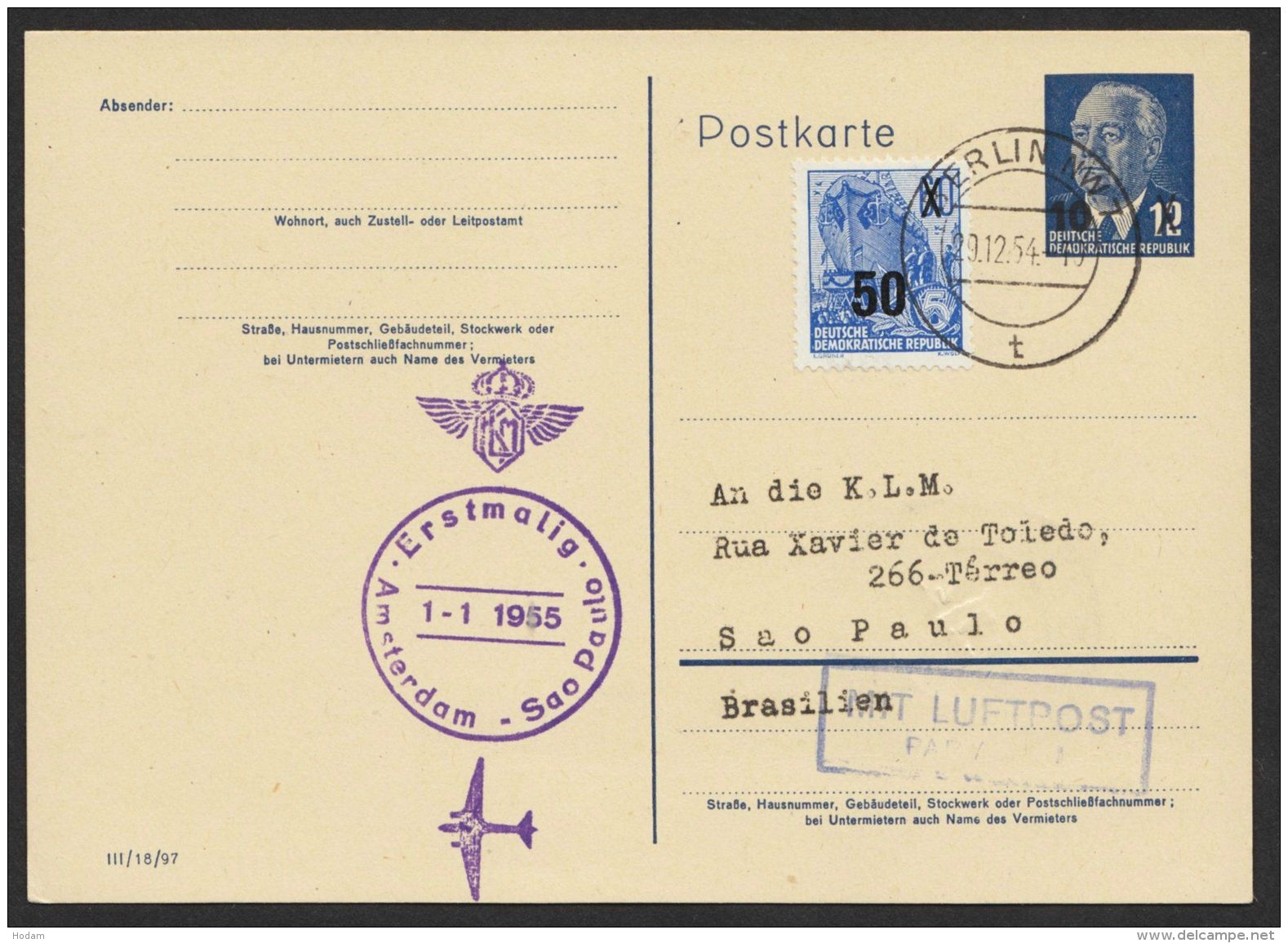 P 62 Mit Pass. Zusatzfrankatur Per Luftpost Nach Brasilien - Cartoline - Usati