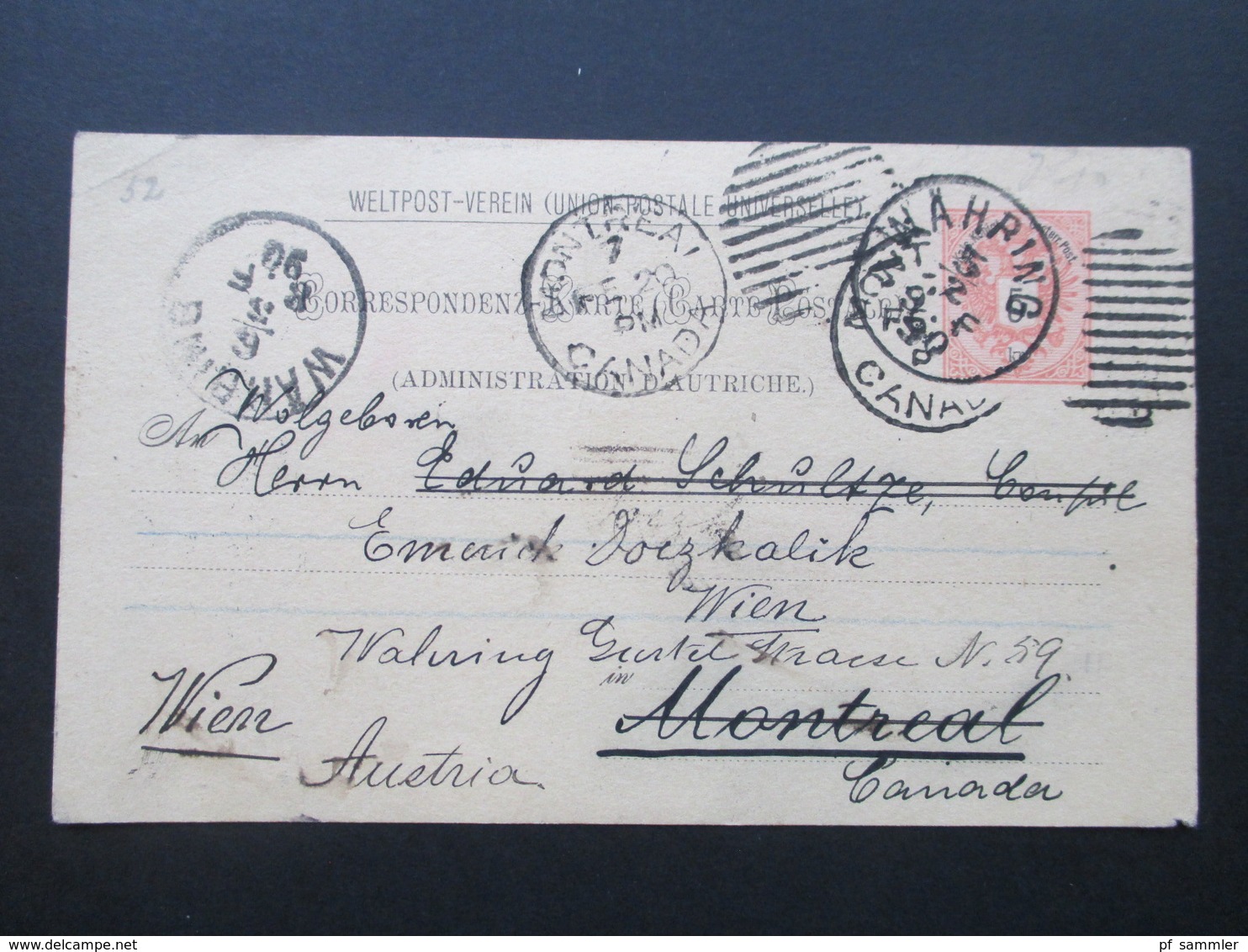 Österreich 1890 GA P 51 Weltvereinspostkarte Nach Montreal Kanada. Zurück / Retour. Social Philately Konsul - Briefe U. Dokumente