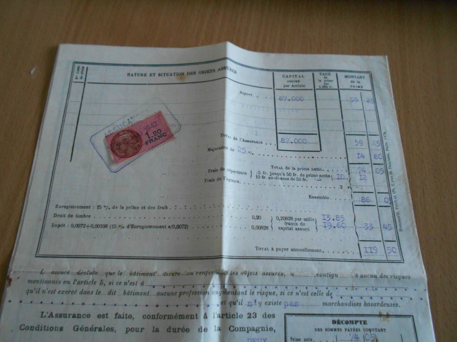 358B , Contrat D'Assurande, LA METROPOLE , Béziers, 1942, Timbre Fiscal 1,20Franc - Historical Documents