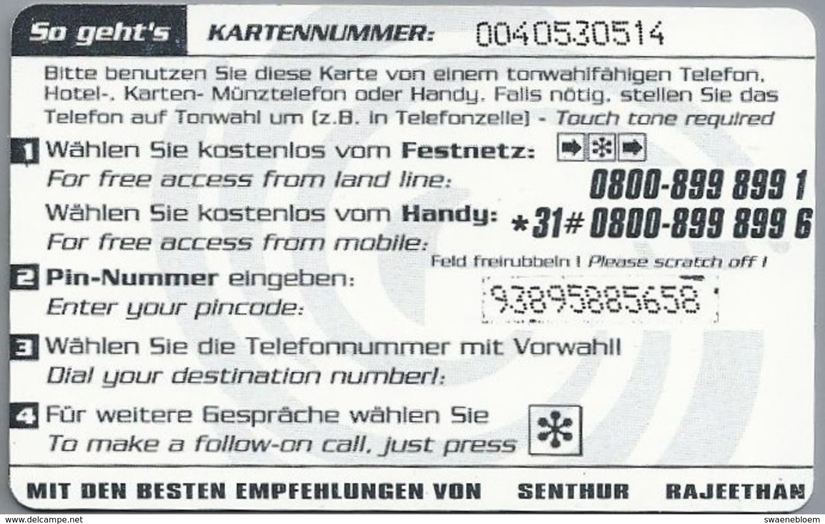 DE.-  TELEFONKARTE. 5 €. - One Touch Telecard. MIT DEN BESTEN EMPFEHLUNGEN VON SENTHUR RAJEETHAN - Andere & Zonder Classificatie