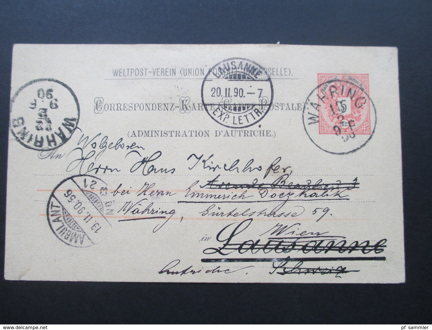 Österreich 1890 GA P 51 Weltvereinspostkarte Nach Lausanne Schweiz. Bahnpost / Ambulant. Zurück / Retour - Cartas & Documentos