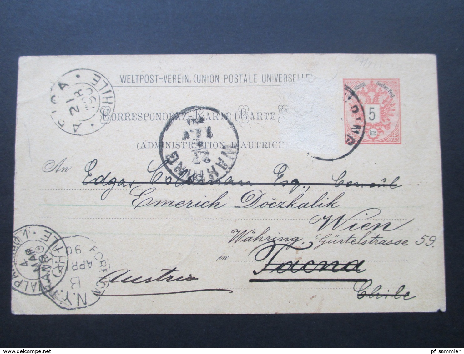 Österreich 1890 GA P 51 Weltvereinspostkarte Nach Tacna Chile. 6 Stempel. Social Philately Konsul. Retour / Zurück - Briefe U. Dokumente