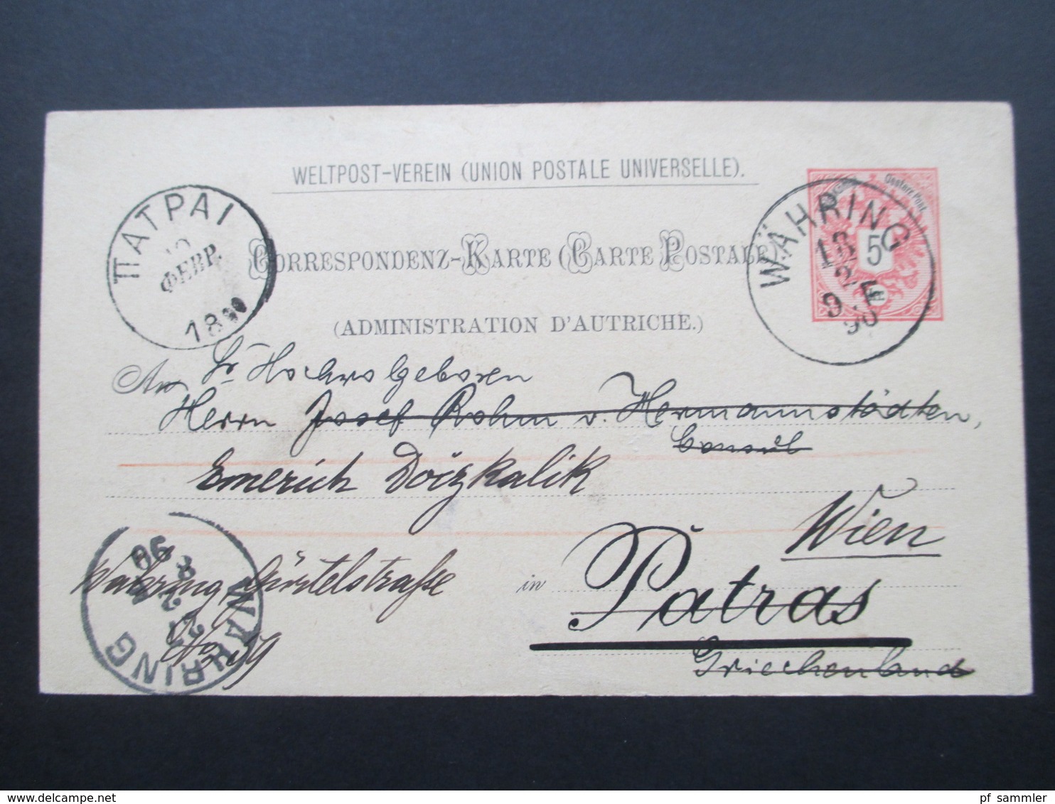 Österreich 1890 GA P 51 Weltvereinspostkarte Nach Patras Griechenland. Zurück / Retour. Social Philately Konsul - Cartas & Documentos