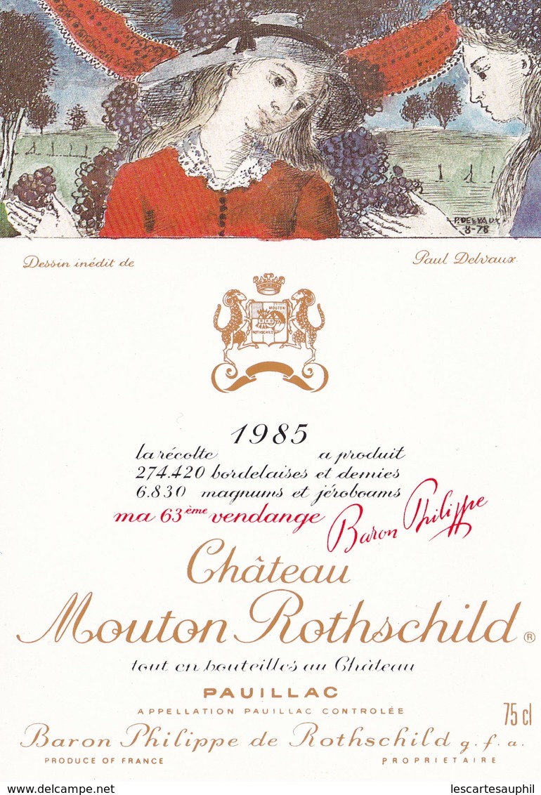 Illustration Dessin Inedit De Paul Delvaux Chateau Mouton Rothschild Pauillac 63 Eme Vendange 1985 - Autres & Non Classés