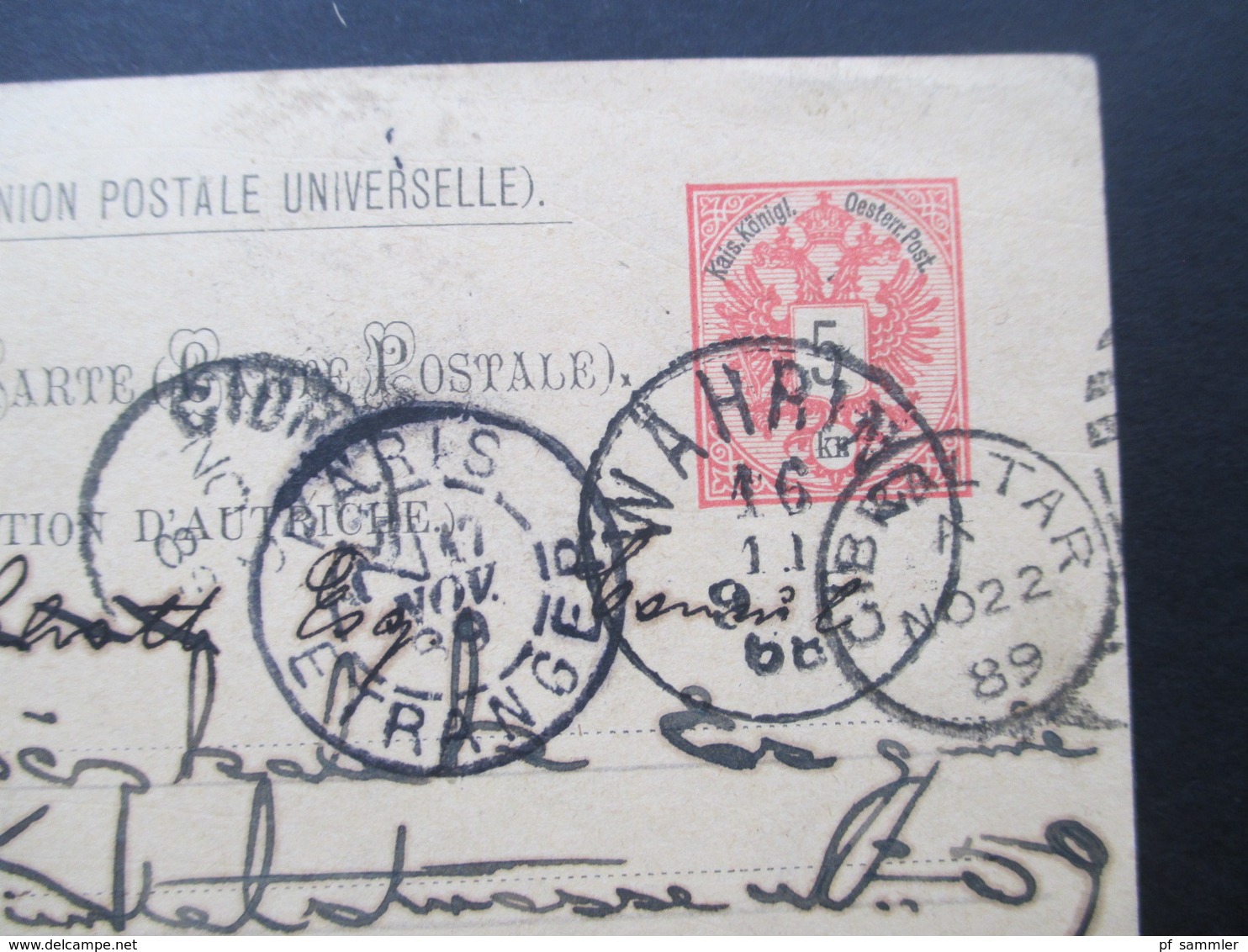 Österreich 1889 GA P 51 Weltvereinspostkarte Nach Gibraltar Mit 6 Stempel. Retour / Zurück.  Konsul Ferdin Schott - Briefe U. Dokumente