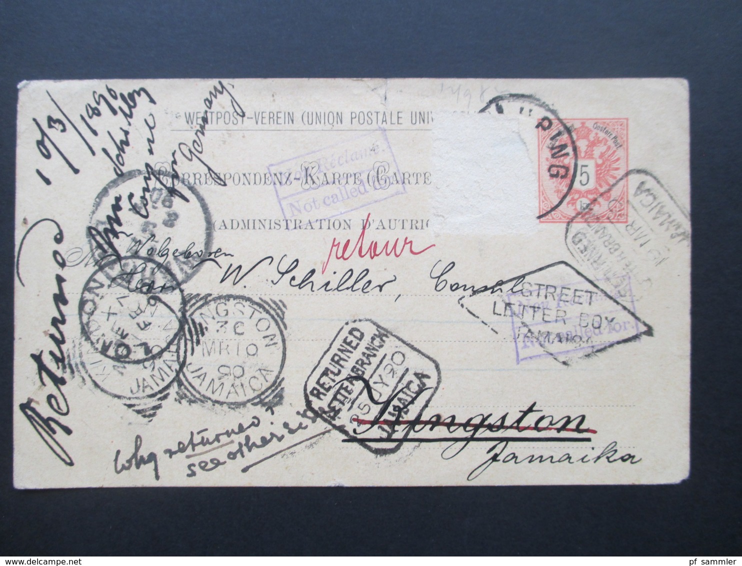 Österreich 1890 GA P 51 Weltvereinspostkarte Nach Kingston Jamaica. 9 Stempel! Street Letter Box. Returned Letter Branch - Cartas & Documentos