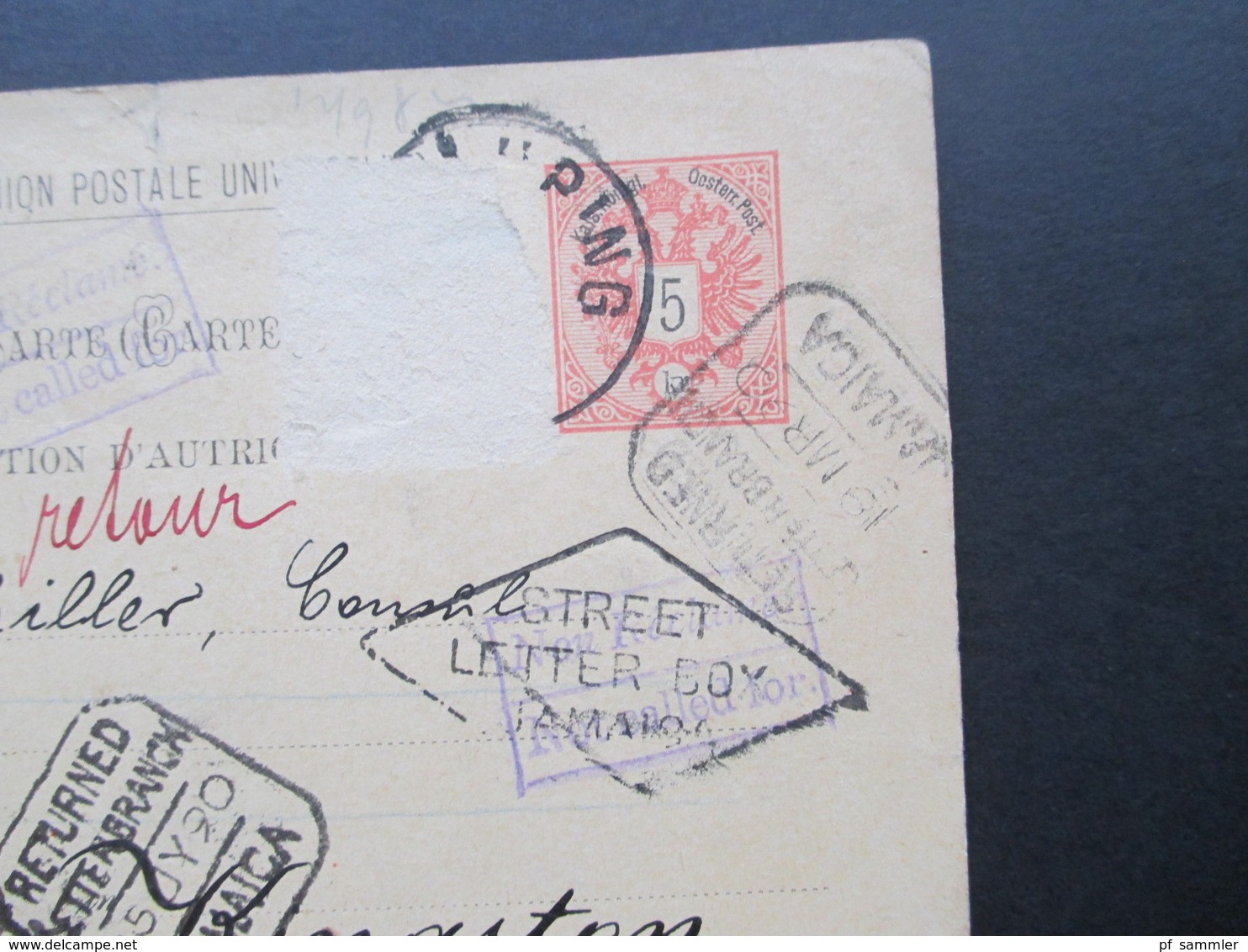 Österreich 1890 GA P 51 Weltvereinspostkarte Nach Kingston Jamaica. 9 Stempel! Street Letter Box. Returned Letter Branch - Briefe U. Dokumente