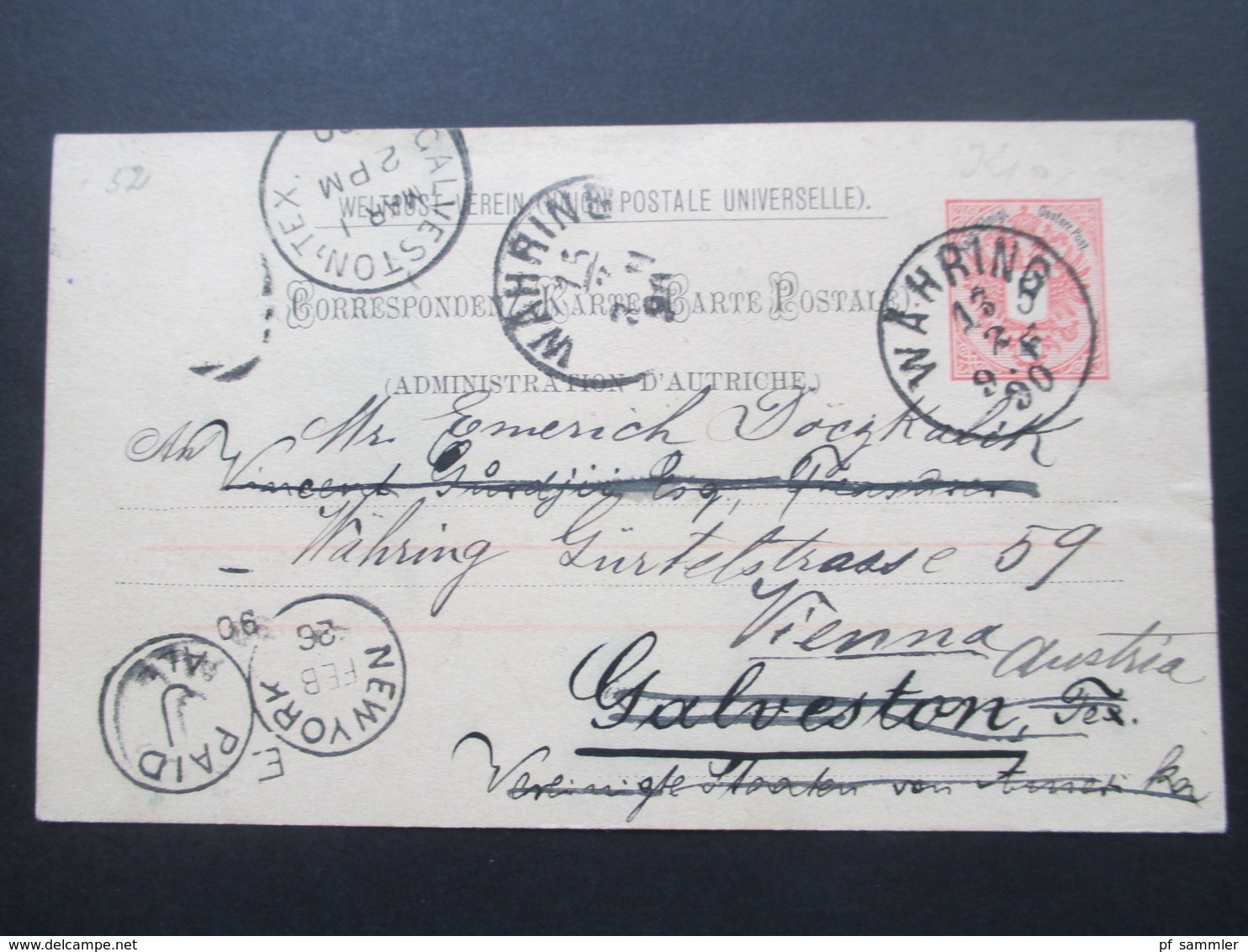 Österreich 1890 GA P 51 Weltvereinspostkarte Nach Galveston Texas USA. Zurück / Return. 4 Stempel - Briefe U. Dokumente