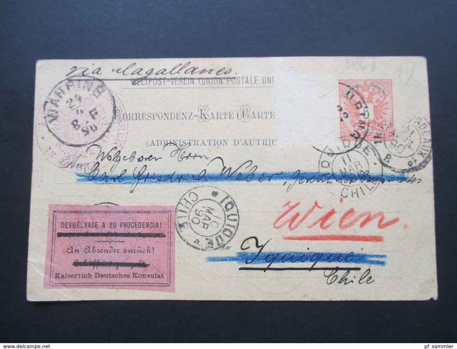 Österreich 1890 GA P 51 Weltvereinspostkarte Nach Iquique Chile.Zettel An Absender Zurück. Kaiserlich Deutsches Konsulat - Briefe U. Dokumente