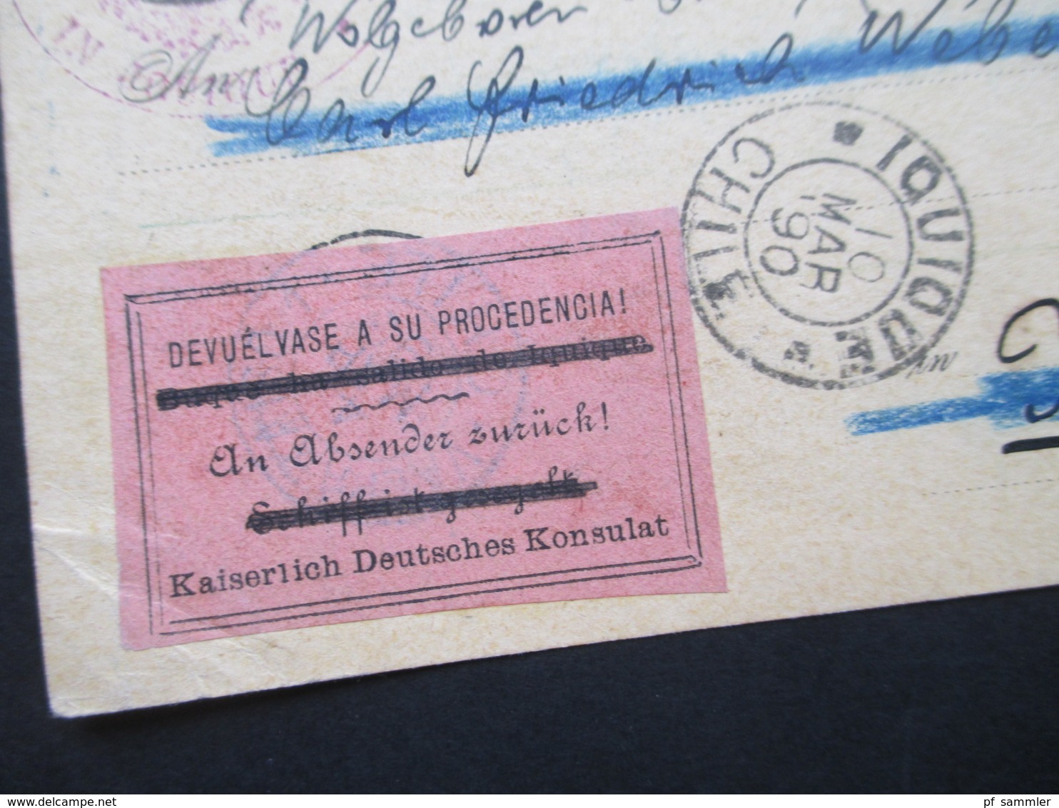 Österreich 1890 GA P 51 Weltvereinspostkarte Nach Iquique Chile.Zettel An Absender Zurück. Kaiserlich Deutsches Konsulat - Briefe U. Dokumente