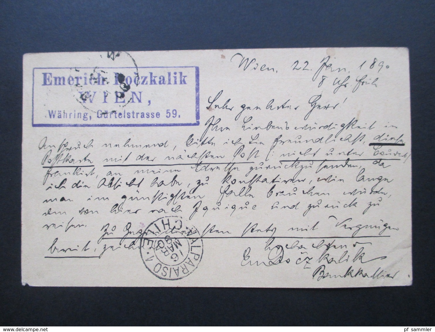 Österreich 1890 GA P 51 Weltvereinspostkarte nach Iquique Chile.Zettel An Absender zurück. Kaiserlich Deutsches Konsulat