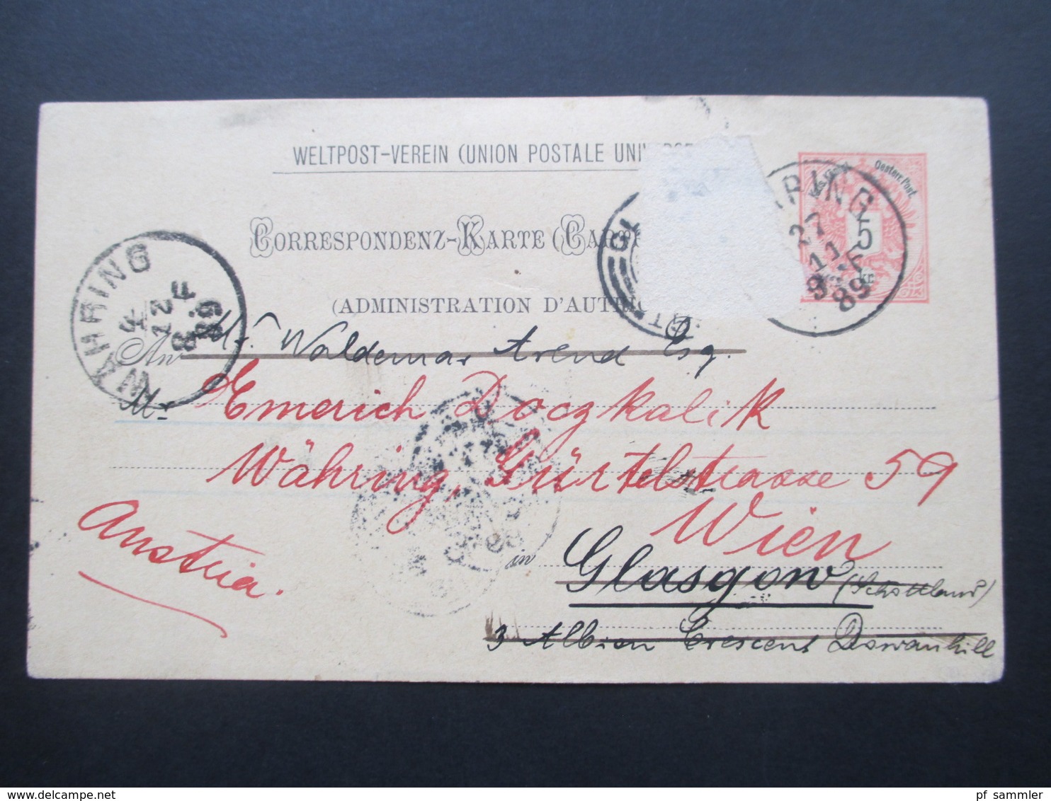 Österreich 1889 GA P 51 Weltvereinspostkarte Nach Glasgow Schottland. Return To Sender! - Briefe U. Dokumente