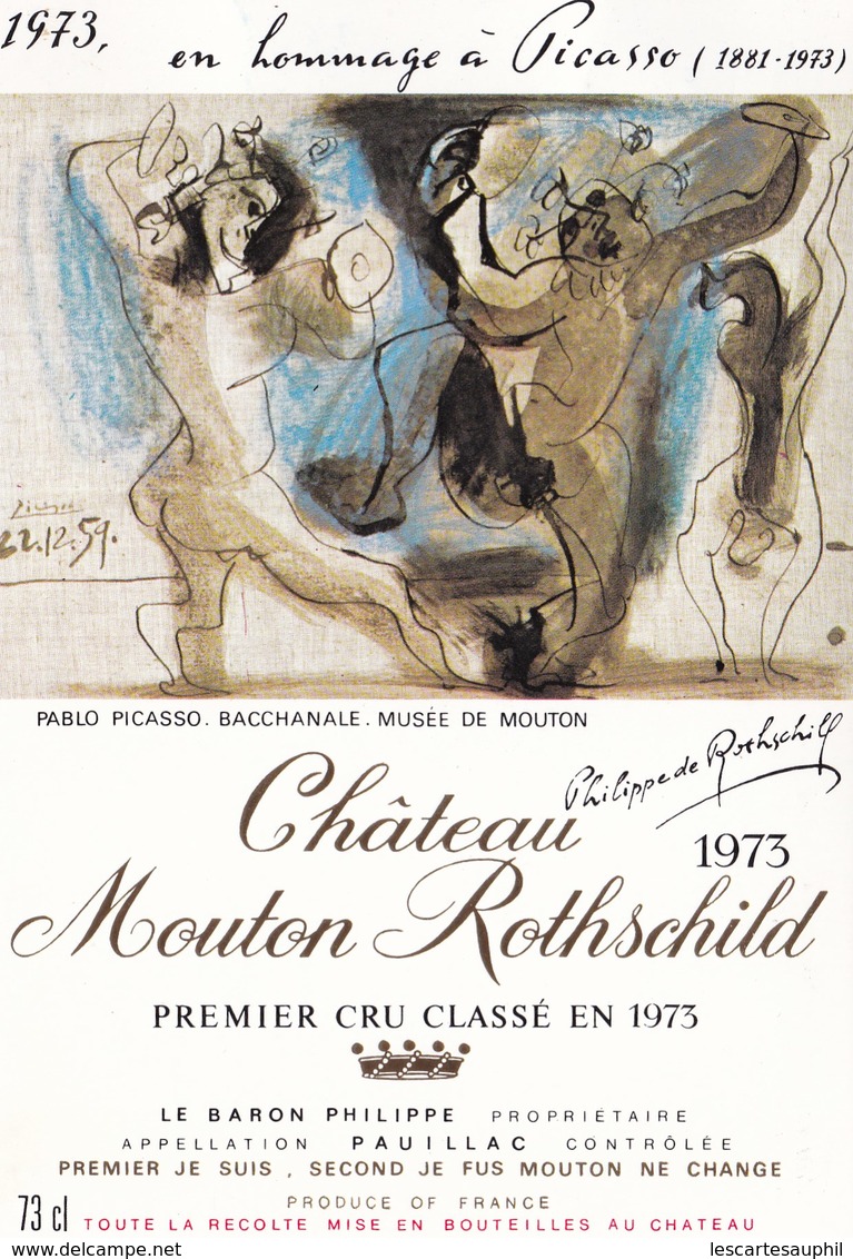 Illustration Dessin  Pablo Picasso Chateau Mouton Rothschild 1973 Premier Cru Classé Pauillac - Picasso