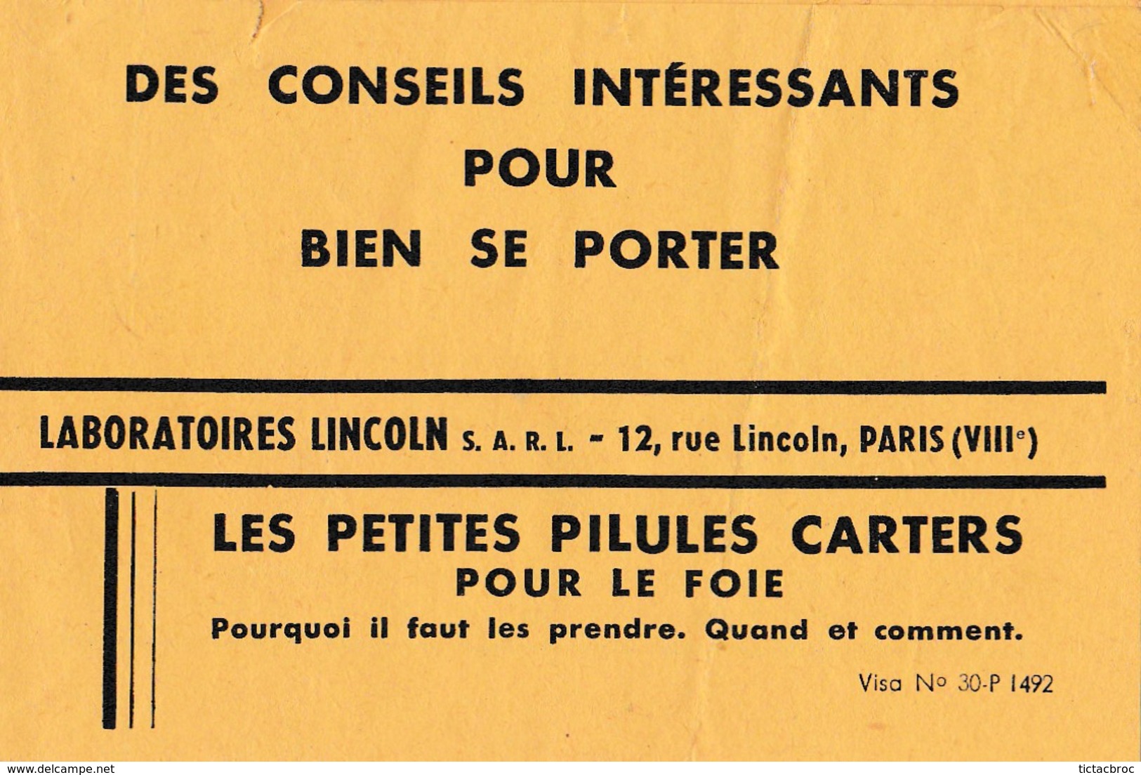 Ancienne Notice De Médicaments, Publicité Pour Les Pilules Carters, Pour Le Foie, Conseil De Bonne Santé, Années 50 - Drogerie & Parfümerie