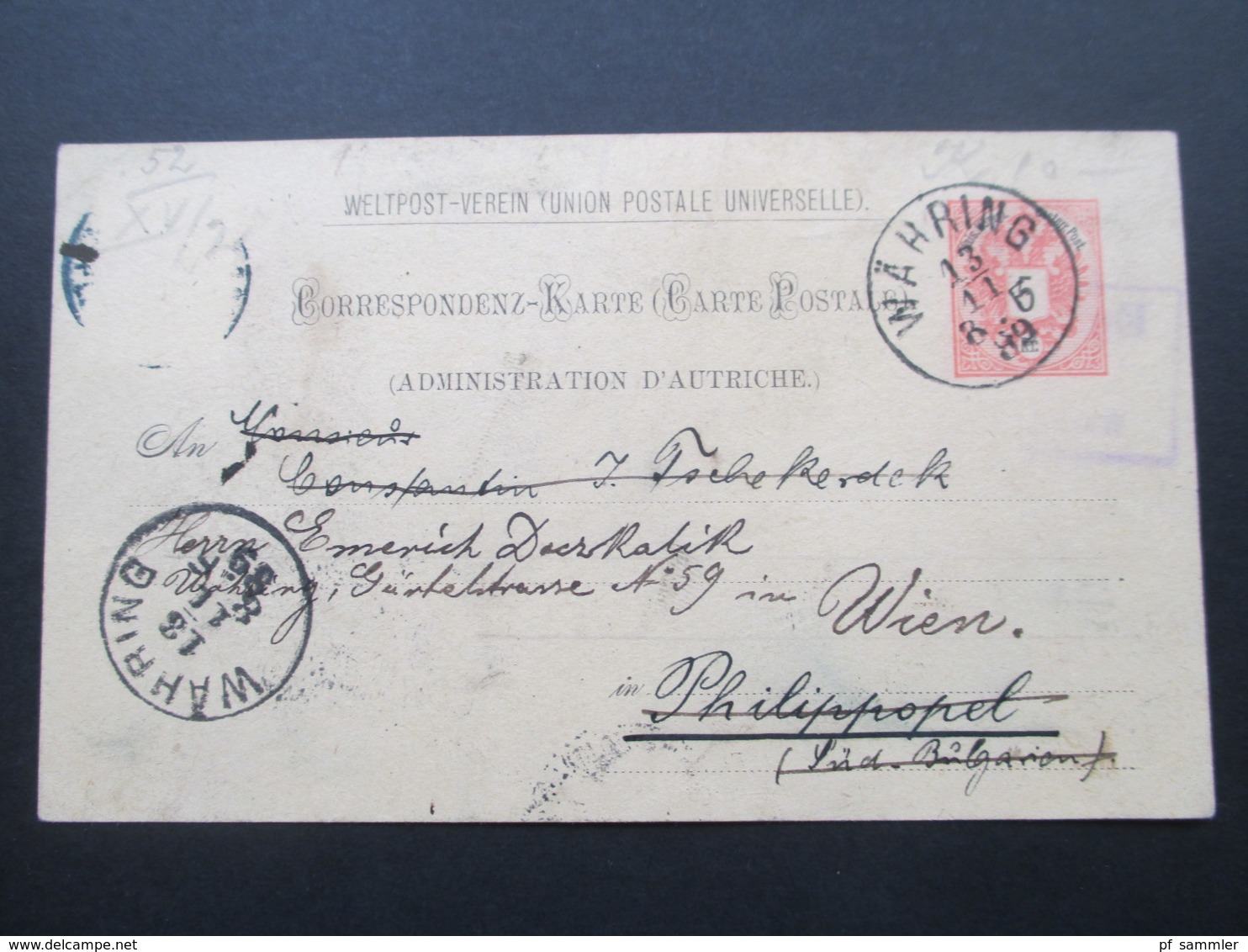 Österreich 1889 GA P 51 Weltvereinspostkarte Nach Philippopel Süd Bulgarien. 6 Stempel - Briefe U. Dokumente