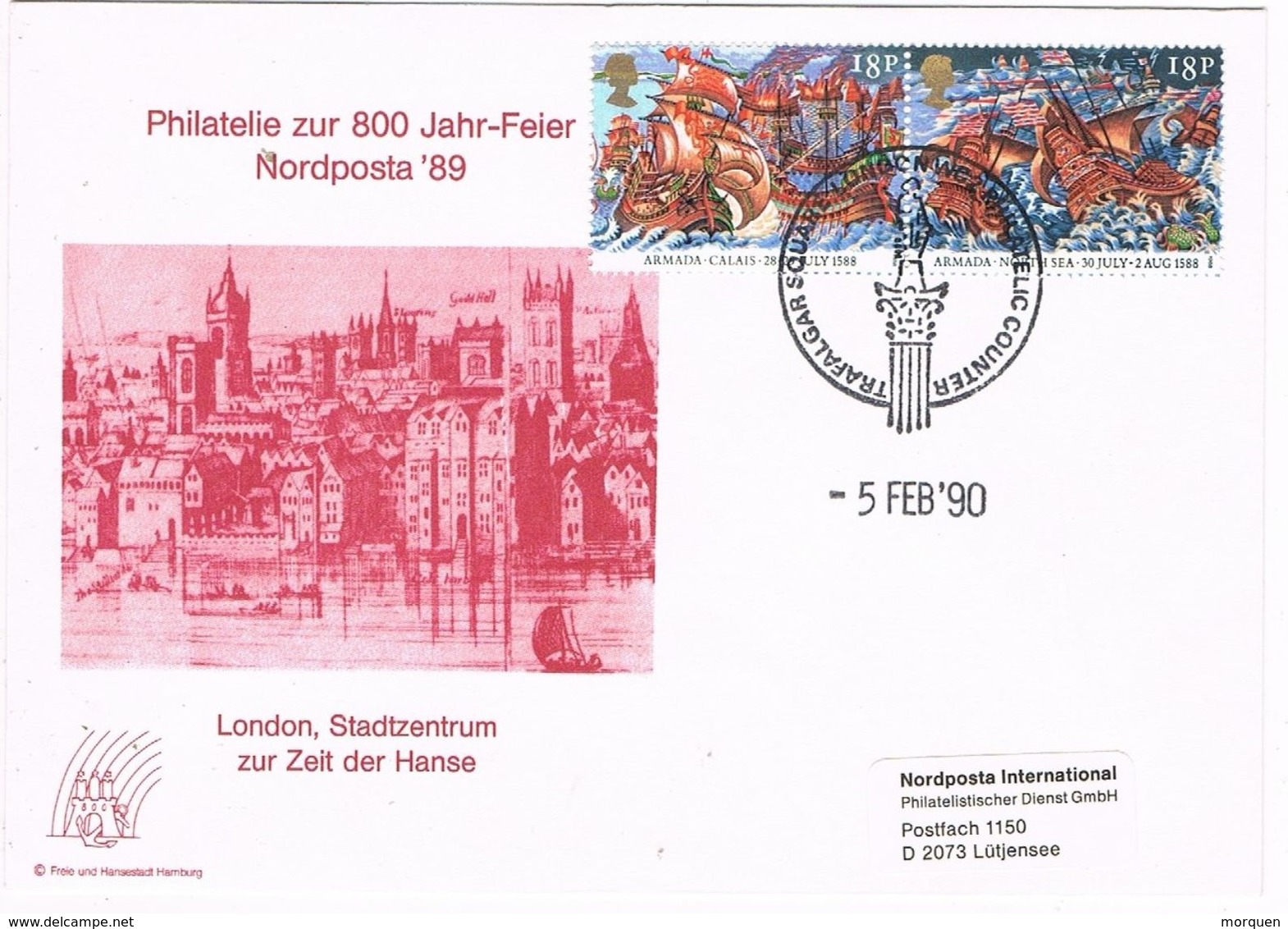 27495. Carta LONDON 1990. Trafalgar Square. NORDPOSTA 89. Armada Stamp - Cartas & Documentos