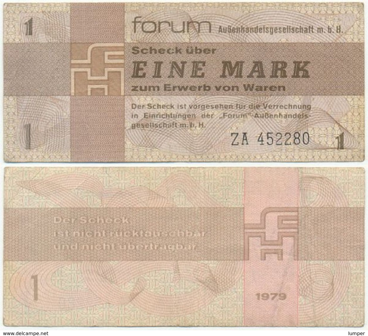 DDR 1979, 1 Mark, Forumscheck, Ersatznote ZA, Aussenhandelsgesellschaft, Geldschein, Banknote - [14] Forum-Aussenhandelsgesellschaft MBH