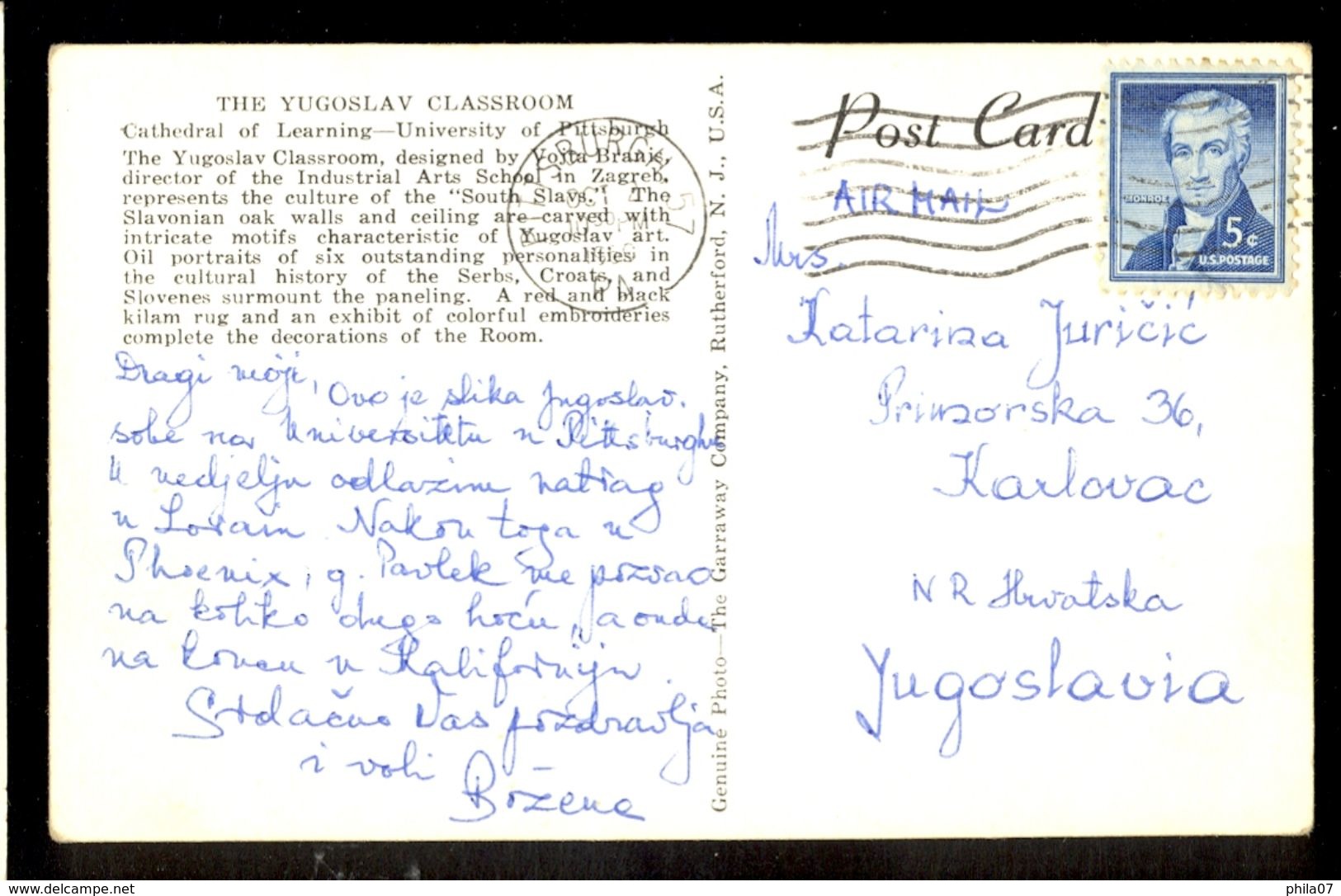 University Of Pittsburg - Cathedral Of Learning - The Yugoslav Classroom / Postcard Circulated, 2 Scans - Pittsburgh