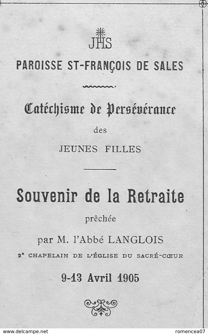 PARIS - St-FRANCOIS-de-SALES - CATECHISME De PERSEVERANCE Des JEUNES FILLES - Retraite Par L'Abbé LANGLOIS - Avril 1905 - Autres & Non Classés