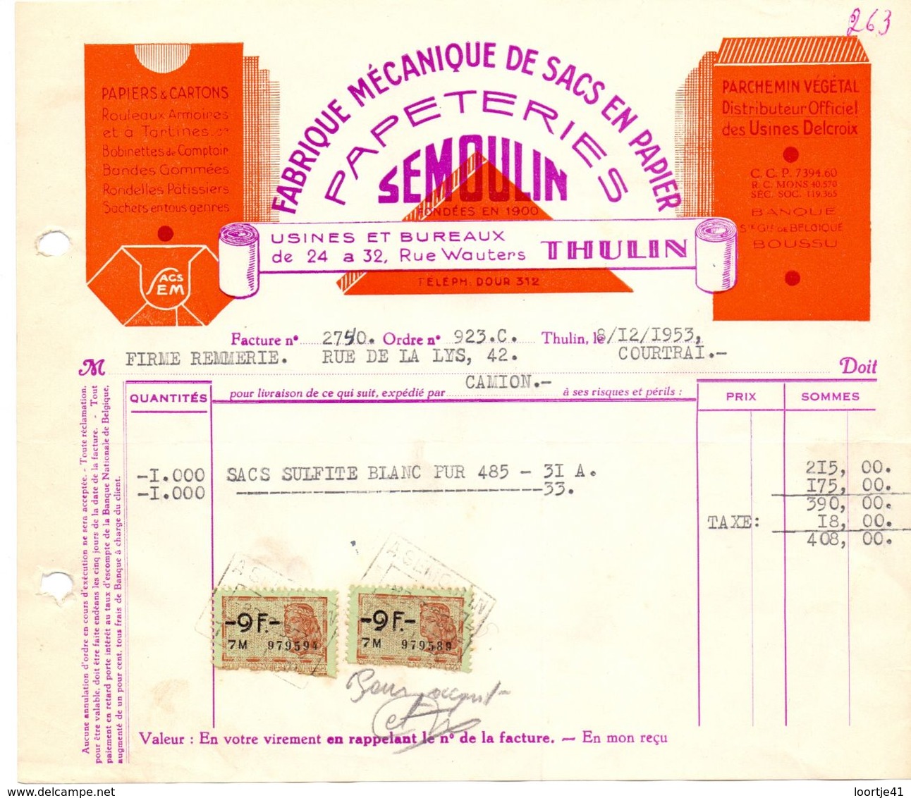 Factuur Facture - Papeteries Papiers Cartons - Semoulin à Thulin - 1953 - Printing & Stationeries