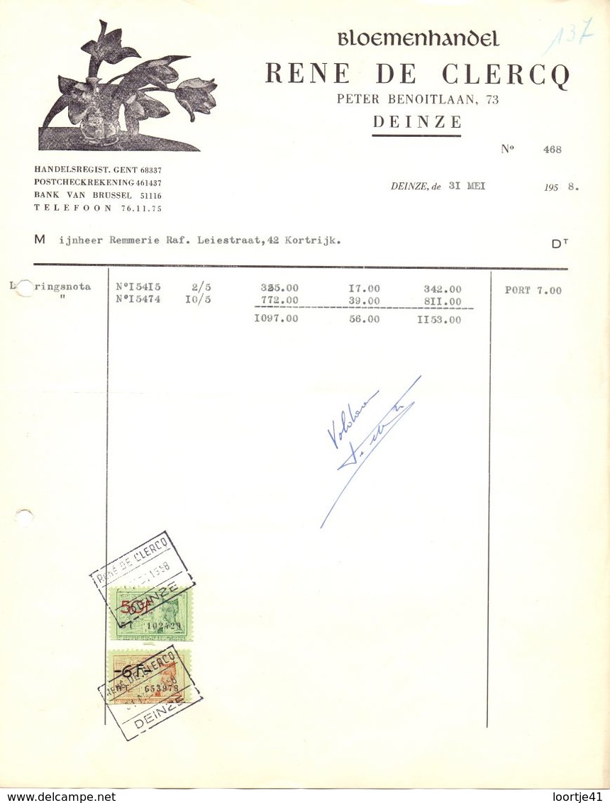 Factuur Facture - Bloemenhandel  Rene De Clercq - Deinze 1958 - Agriculture