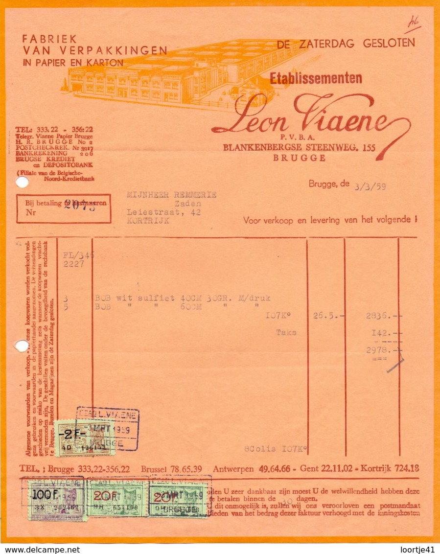 Factuur Facture - Fabriek Verpakkingen Papier Karton Ets Leon Viaene - Brugge 1959 - Druck & Papierwaren