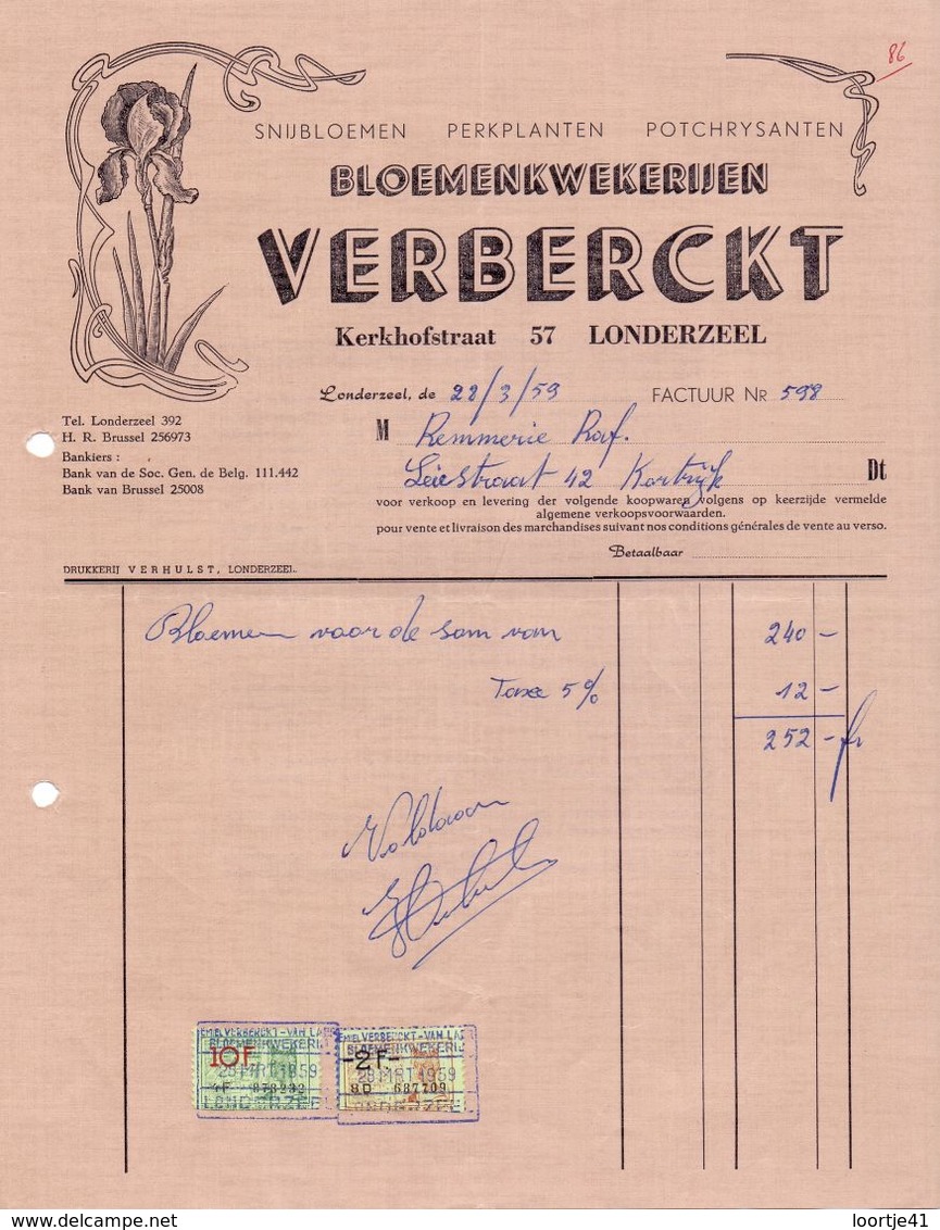 Factuur Facture - Bloemenkwekerijen Verberckt - Londerzeel 1959 - Landbouw