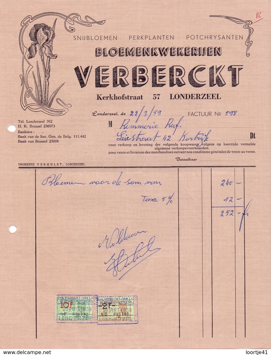 Factuur Facture - Bloemenkwekerijen Verberckt - Londerzeel 1959 - Agriculture