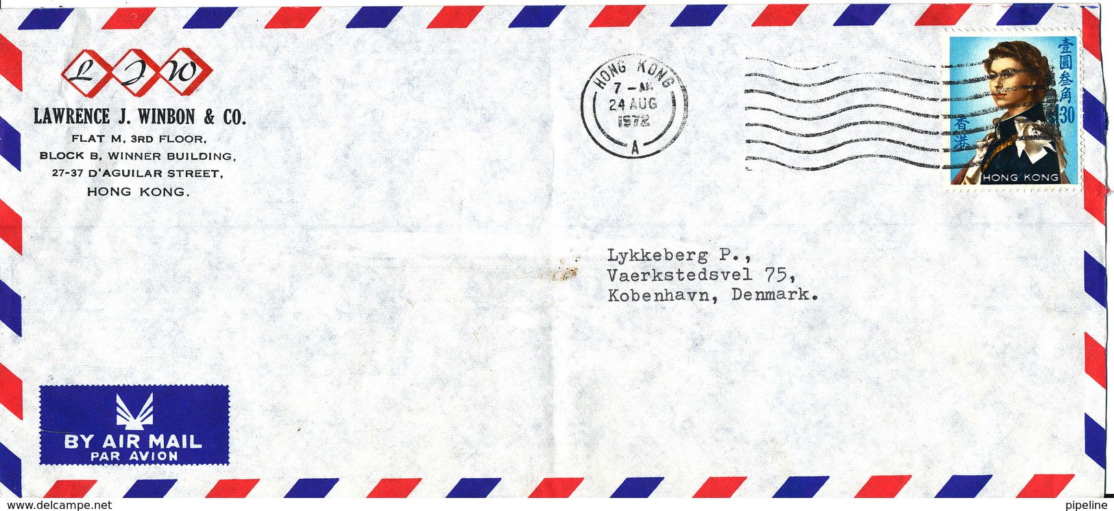 Hong Kong Air Mail Cover Sent To Denmark 27-8-1972 Single Stamped - Covers & Documents