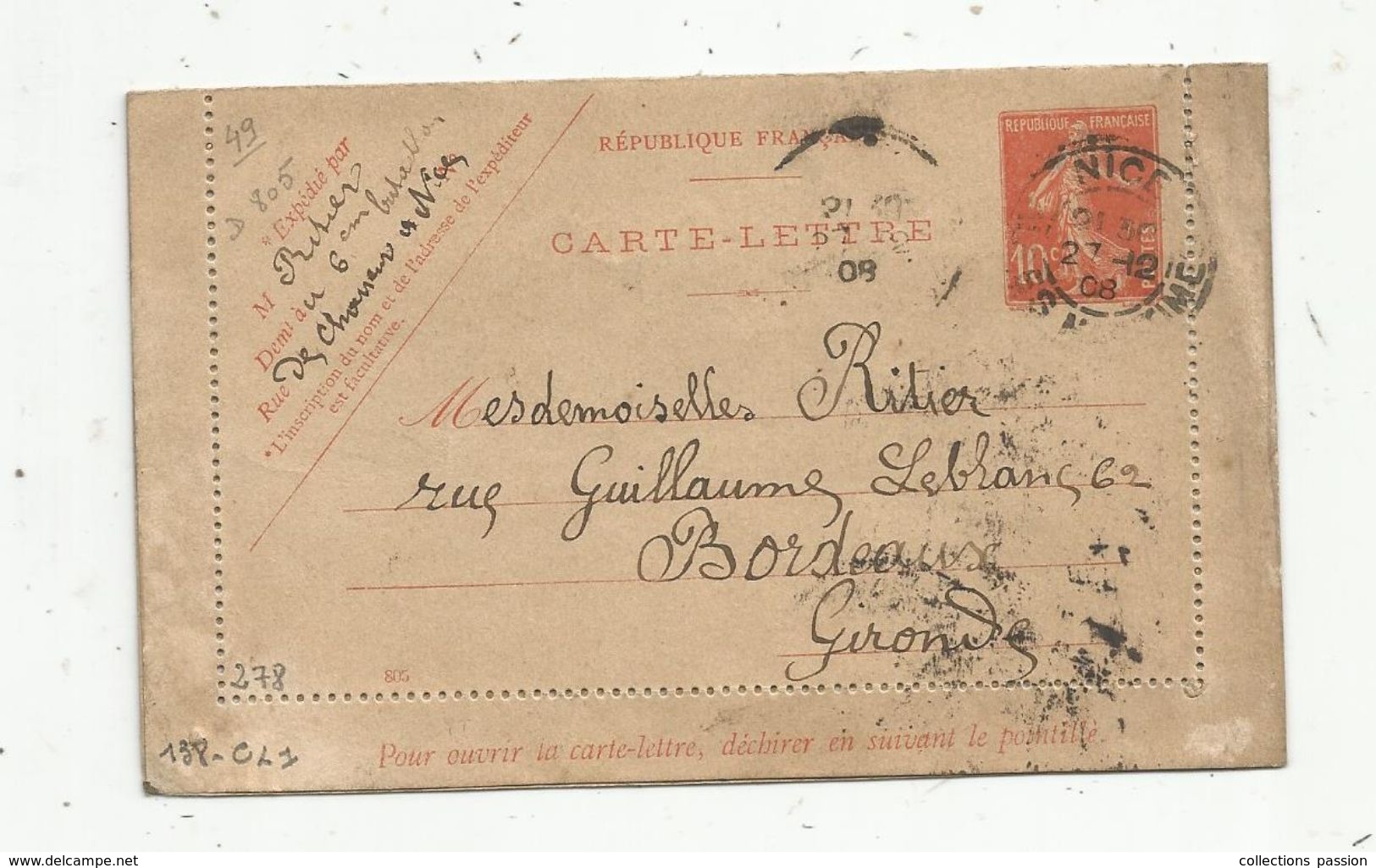 Carte Lettre , ENTIER POSTAL , NICE , 1908 , 10c - Cartes-lettres