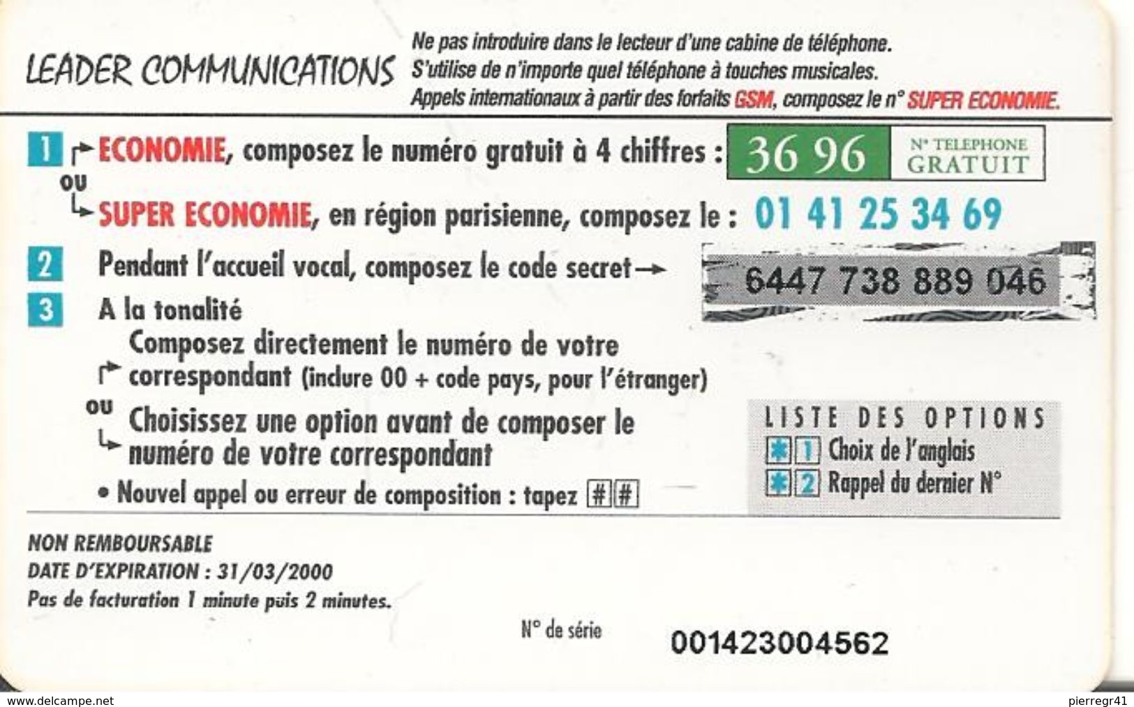 CARTE-PREPAYEE-120U-LEADER COMM-FEMME-TETE SPHINX-31/03/2000-V°PtN°Code Fond Gris-Sans Code Barre-Plastic Epais-TBE+Rare - Autres & Non Classés