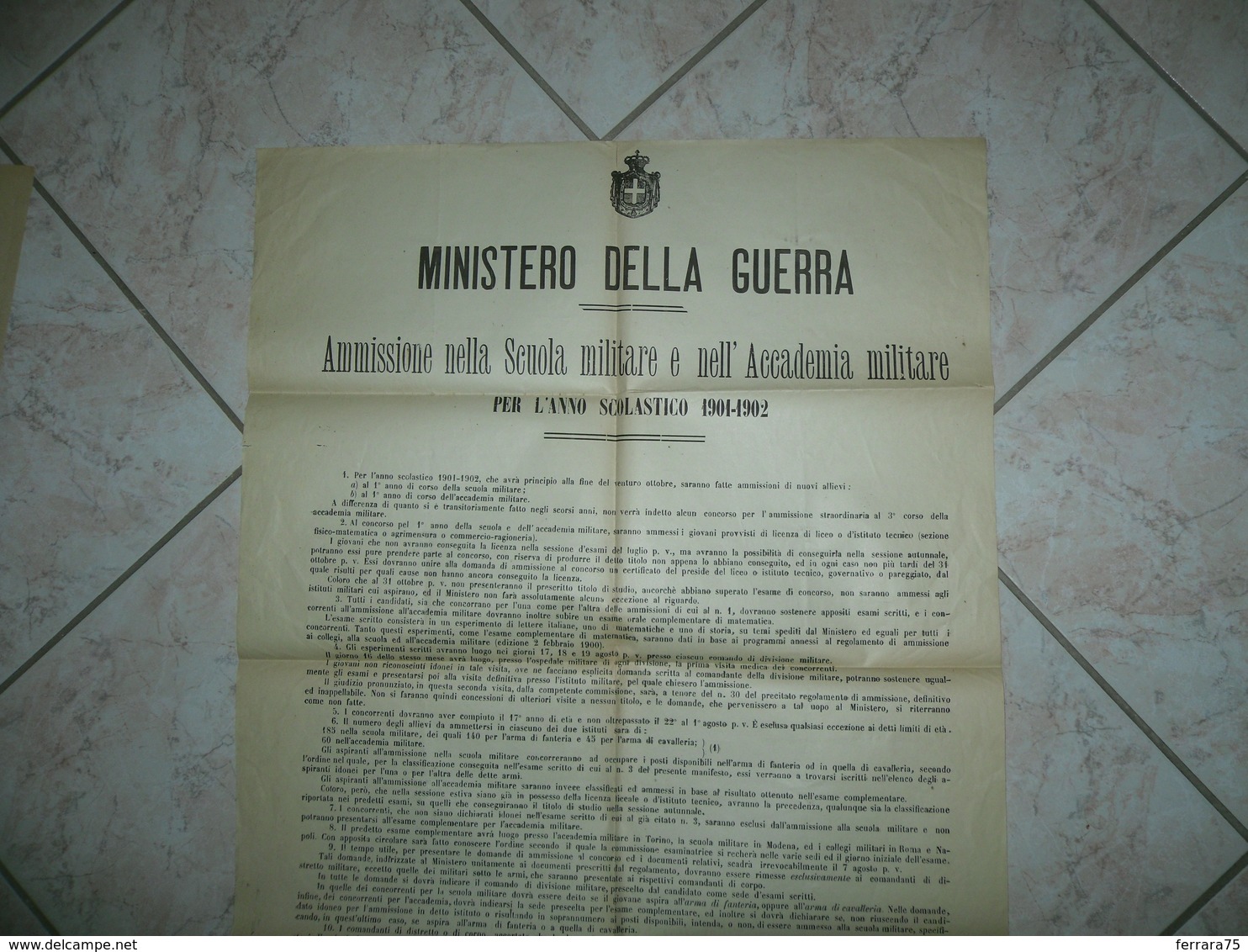 MANIFESTO MINISTERO DELLA GUERRA AMMISSIONE NELLA SCUOLA E ACCADEMIA 1901 - 1914-18