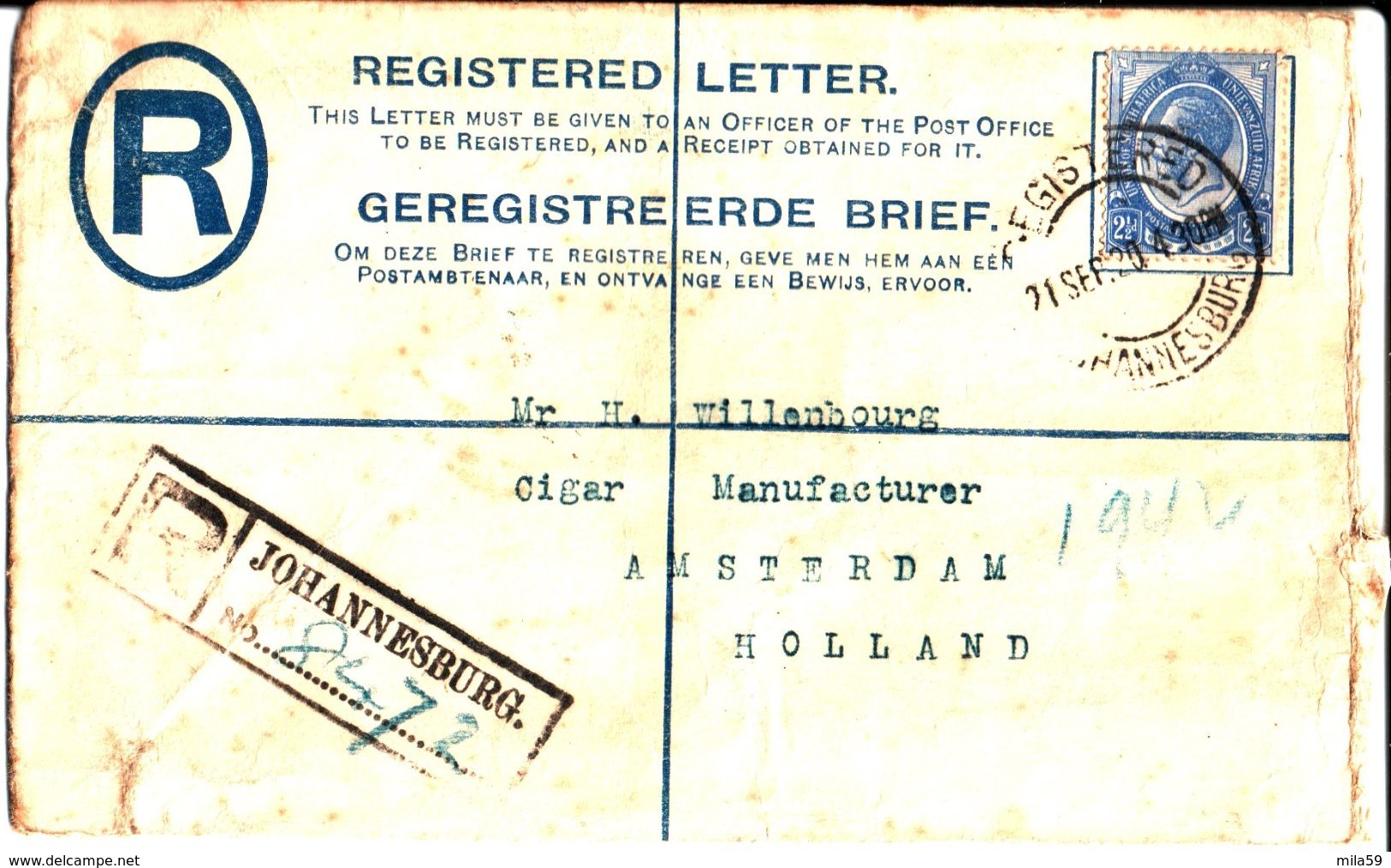 Registered Letter. Johannesburg. Union Of South Africa 1920 - Autres & Non Classés