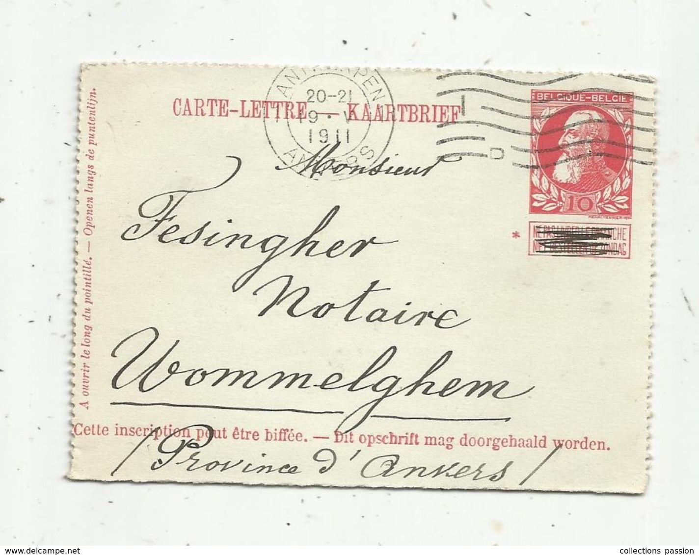 Carte Lettre , BELGIQUE , ENTIER POSTAL , 10  , 1911, ANTWERPEN - Cartes-lettres