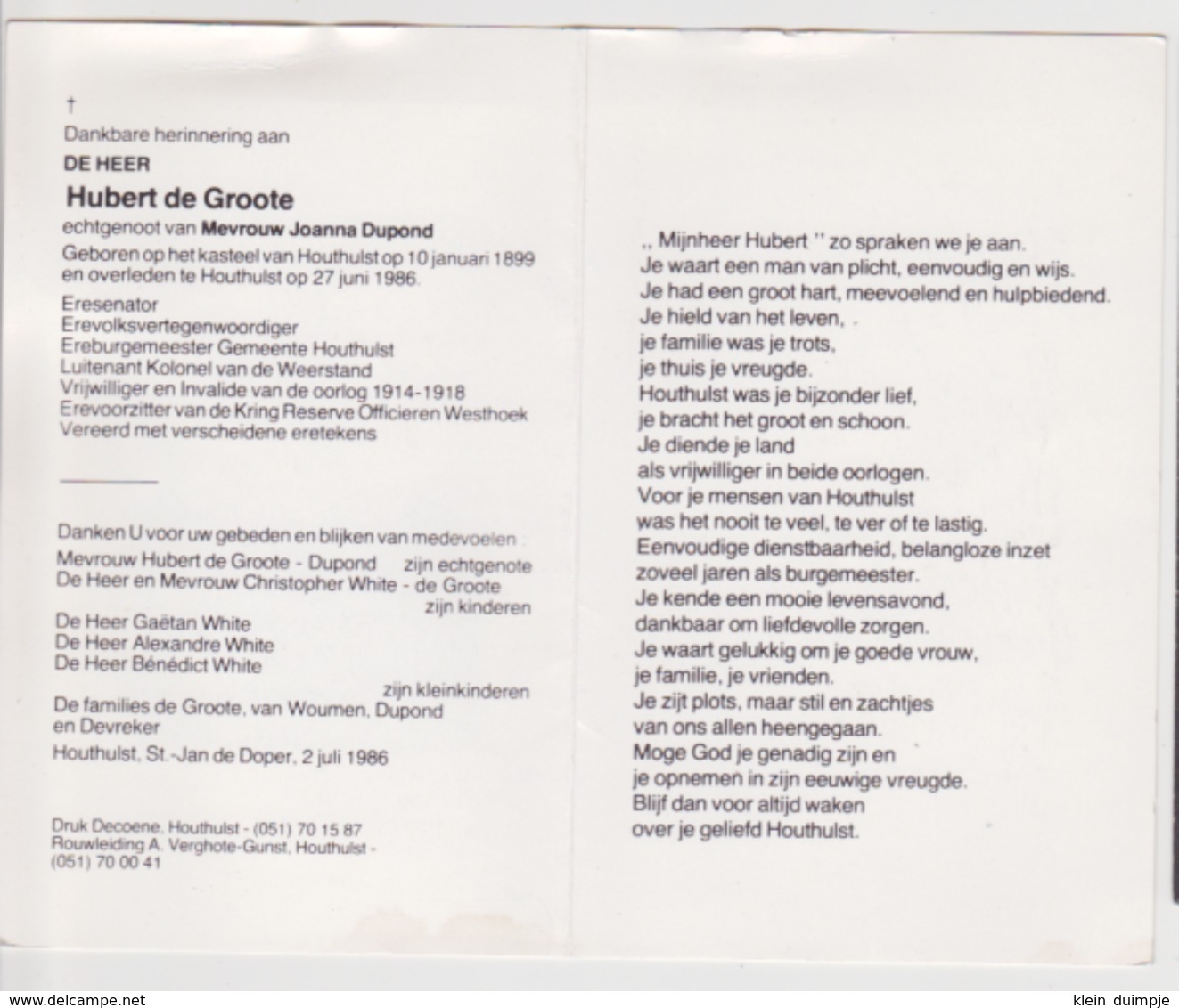 Dp. Adel - Noblesse. Hubert De Groote. °Kasteel Van Houthulst, +Houthulst. Echtgen. Dupond. Eresenator, Ereburgemeester. - Esquela