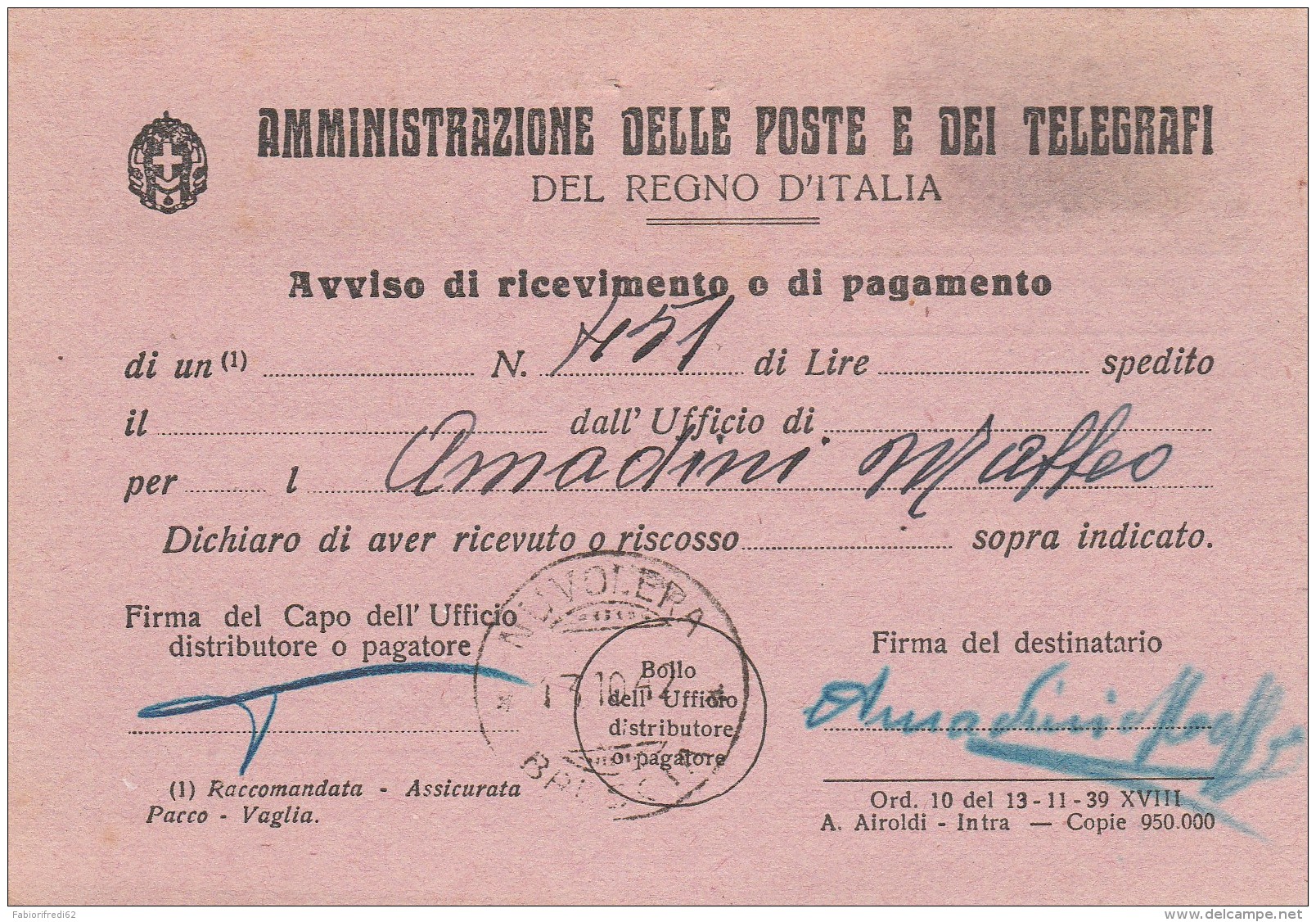 AVVISO DI RICEVIMENTO CON 5x0,10 CENT. IN STRISCIA 1942 (RX53 - Storia Postale