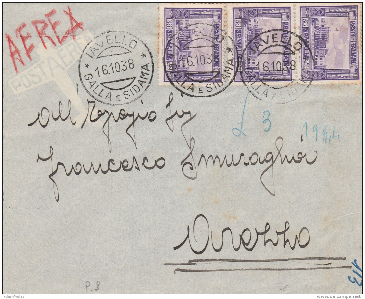 LETTERA 1938 SOMALIA 3X0,50 SERIE PITTORICA-TIMRO IAVELLO GIALLA E SIDAMA AREZZO MITTENTE GOVERNO GALLA E SIDAMA (RX112 - Somalia