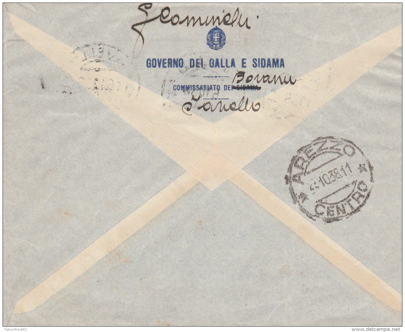 LETTERA 1938 SOMALIA 3X0,50 SERIE PITTORICA-TIMRO IAVELLO GIALLA E SIDAMA AREZZO MITTENTE GOVERNO GALLA E SIDAMA (RX112 - Somalia